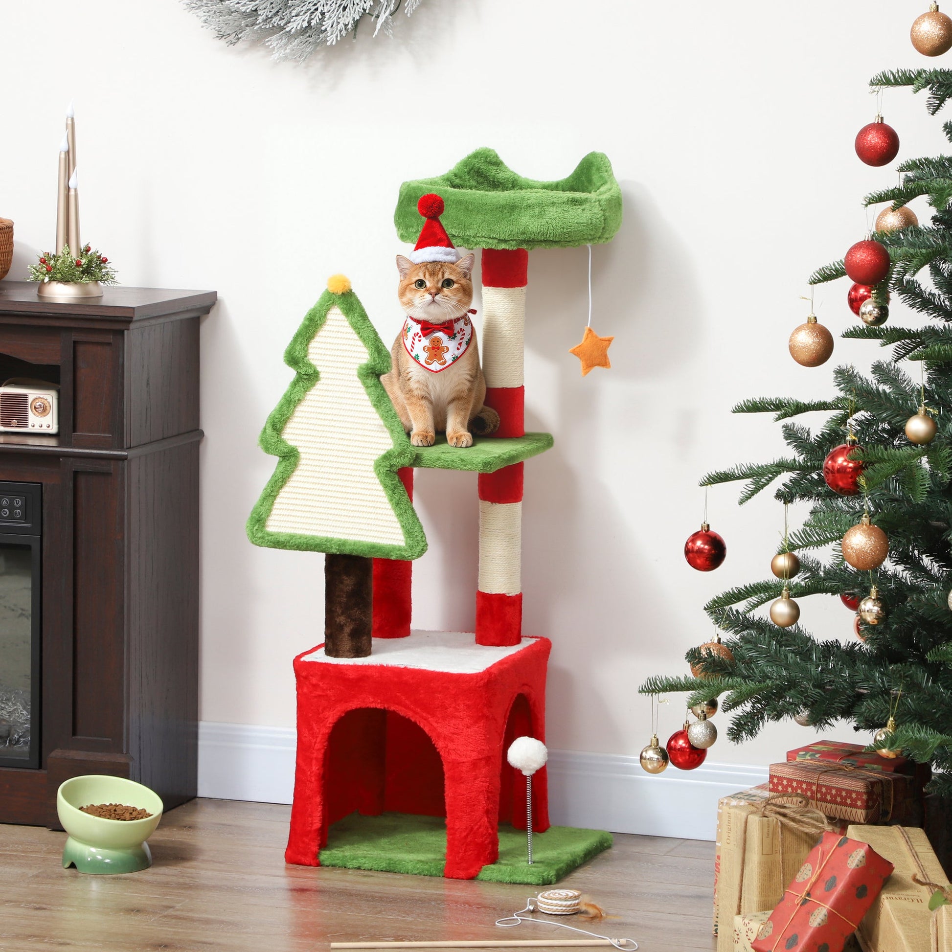 Christmas Cat Tree, 103cm Multilevel Cat Climbing Tower with Scratching Post and Board, Condo, Platform and Toys, Kitty Activity Centre for Indoor Kittens, Green