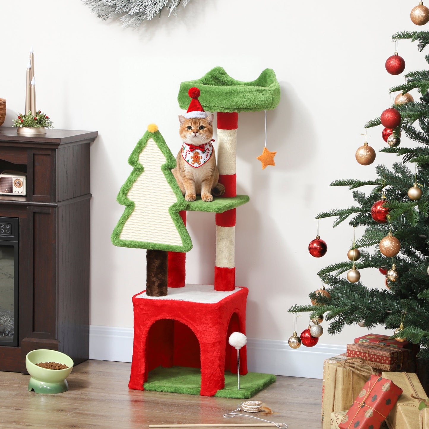 Christmas Cat Tree, 103cm Multilevel Cat Climbing Tower with Scratching Post and Board, Condo, Platform and Toys, Kitty Activity Centre for Indoor Kittens, Green