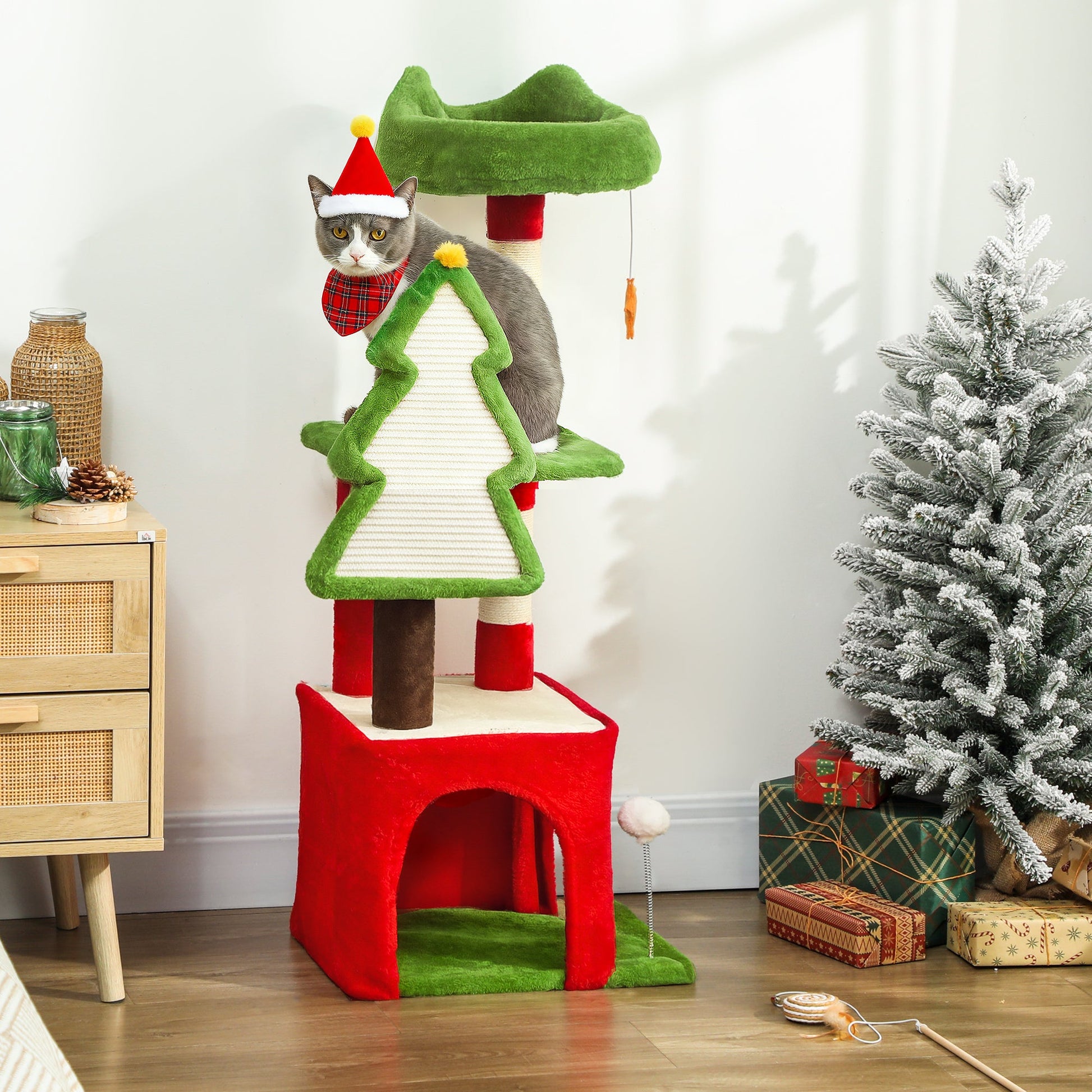 Christmas Cat Tree, 103cm Multilevel Cat Climbing Tower with Scratching Post and Board, Condo, Platform and Toys, Kitty Activity Centre for Indoor Kittens, Green