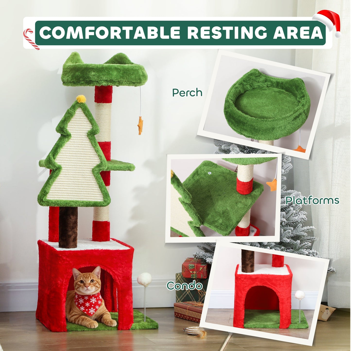 Christmas Cat Tree, 103cm Multilevel Cat Climbing Tower with Scratching Post and Board, Condo, Platform and Toys, Kitty Activity Centre for Indoor Kittens, Green