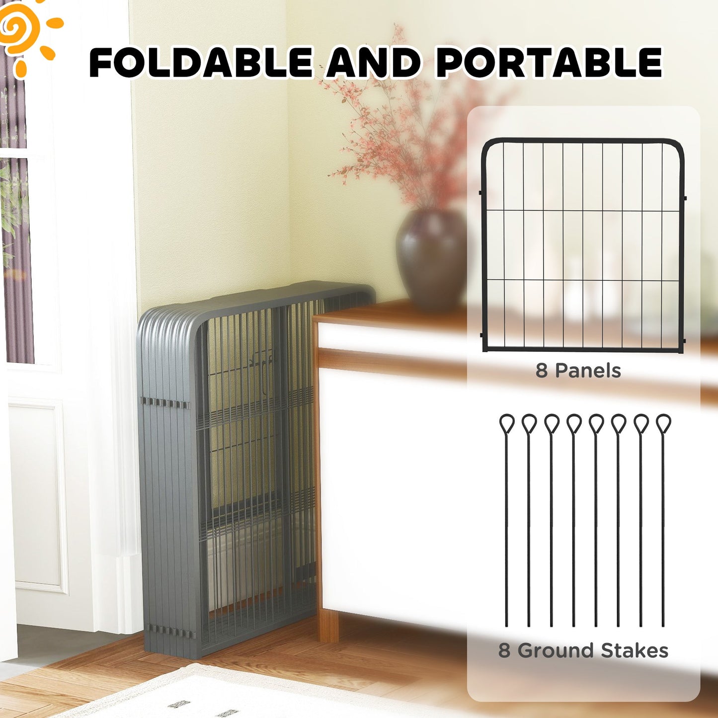 Dog Pen, 8 Panel Puppy Pen, Steel Dog Playpen, for Small Breeds, 60cm Tall, Black