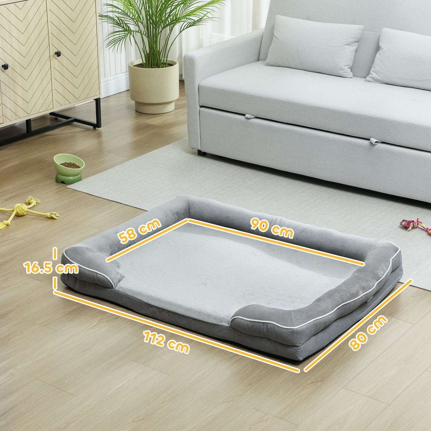 Memory Foam Dog Bed Sofa, Washable Orthopedic Dog Bed Couch with Removable Flannel Cover, 3-Sided Pet Pillow with U-Shape Bolster, Non-Slip Bottom, Grey, 112 x 80 x 16.5 cm