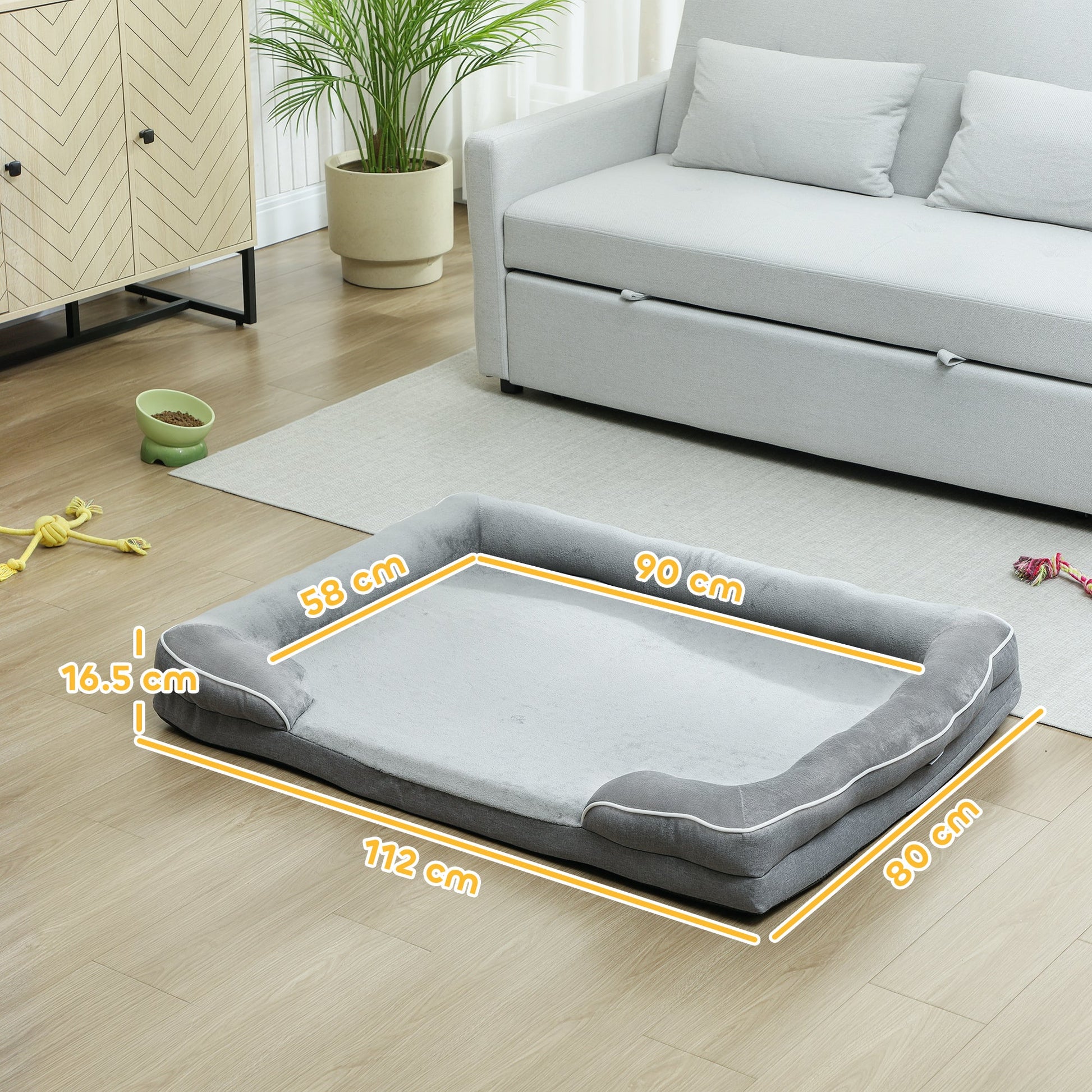 Memory Foam Dog Bed Sofa, Washable Orthopedic Dog Bed Couch with Removable Flannel Cover, 3-Sided Pet Pillow with U-Shape Bolster, Non-Slip Bottom, Grey, 112 x 80 x 16.5 cm