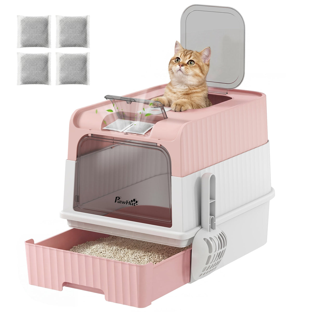 Cat litter Box with Lid, Enclosed Cat Litter Box with Pull-Out Drawer Tray, Scoop, 4 Deodorisation Bags, Front Entry & Top Exit, Privacy, Odour Control and Easy to Clean, Pink