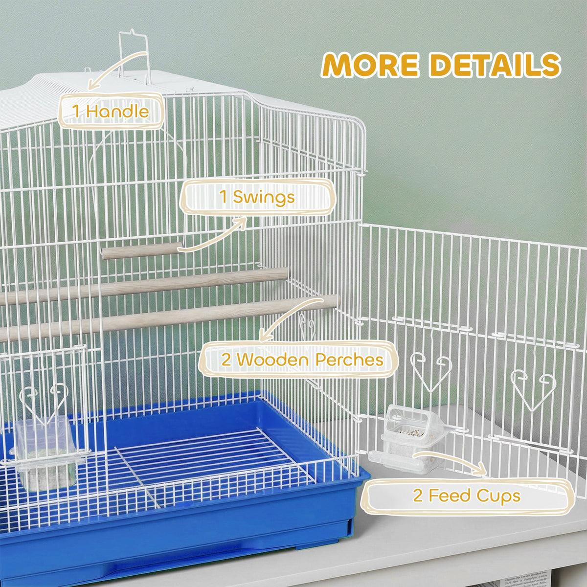 Bird Cage with Perches, Food Bowls, Swing, Parrot Cage for Budgie, Parakeet, Small Bird, 46.5 x 36 x 59cm, Blue