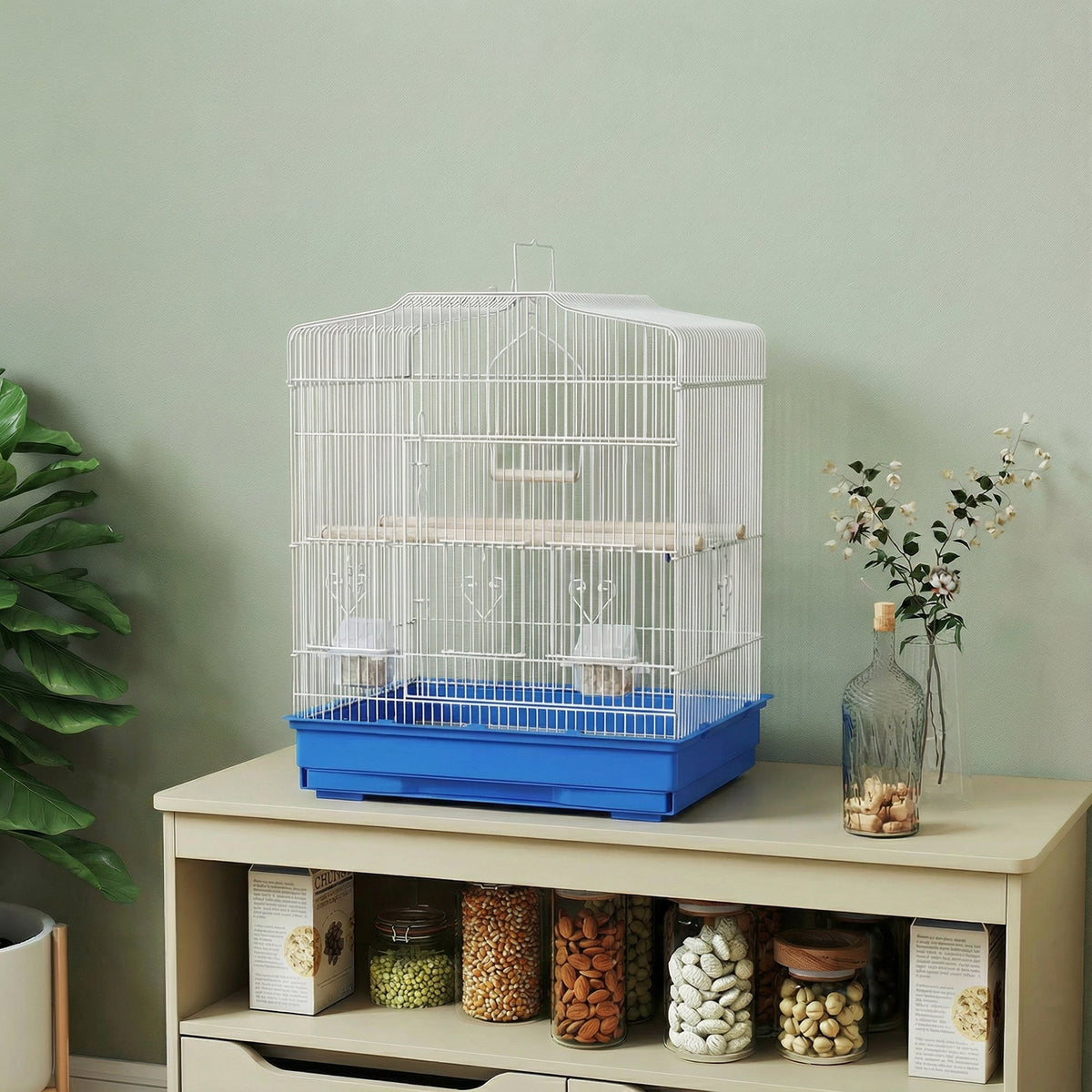 Bird Cage with Perches, Food Bowls, Swing, Parrot Cage for Budgie, Parakeet, Small Bird, 46.5 x 36 x 59cm, Blue