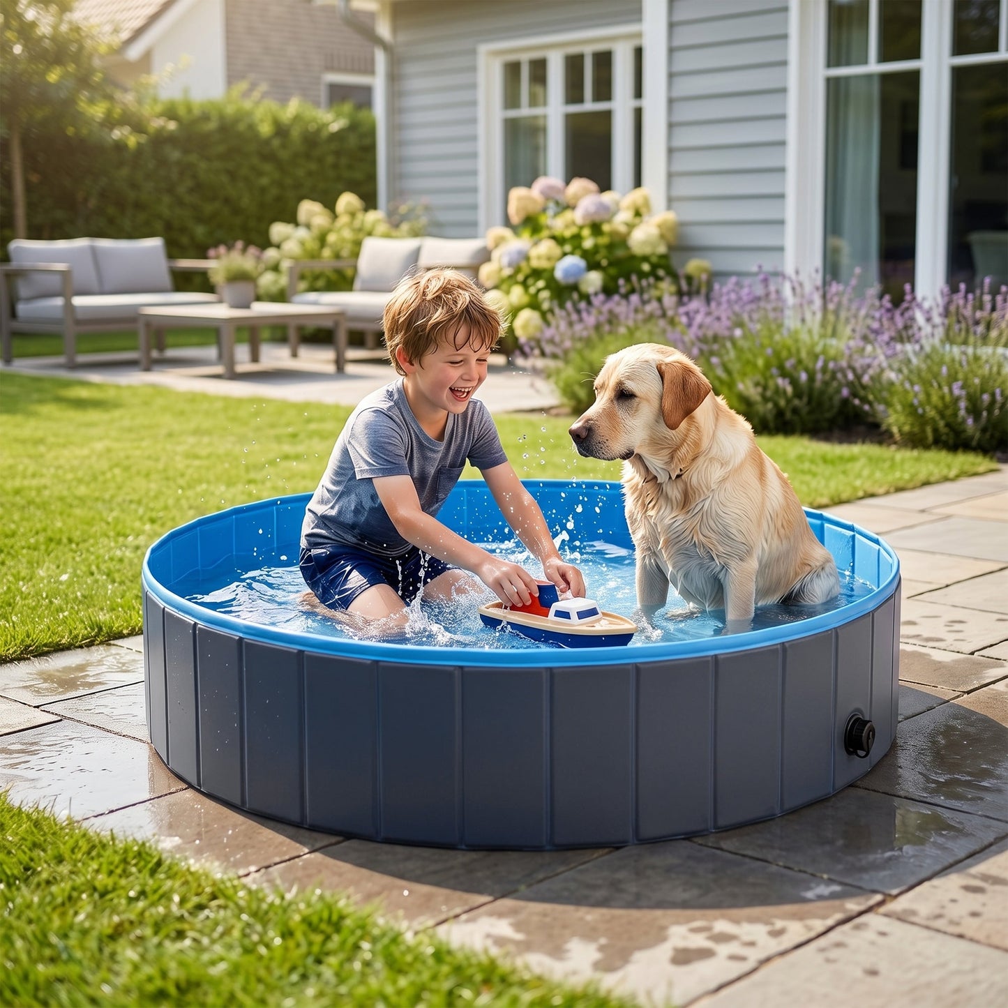 Foldable Dog Pool for Puppies and Ducks, Thickened PVC Dog Paddling Pool Bath Tub Hard Board, Anti-Slip Bottom and Hose Adapter for Easy Drainage, 160 x 30cm, Blue and Dark Grey