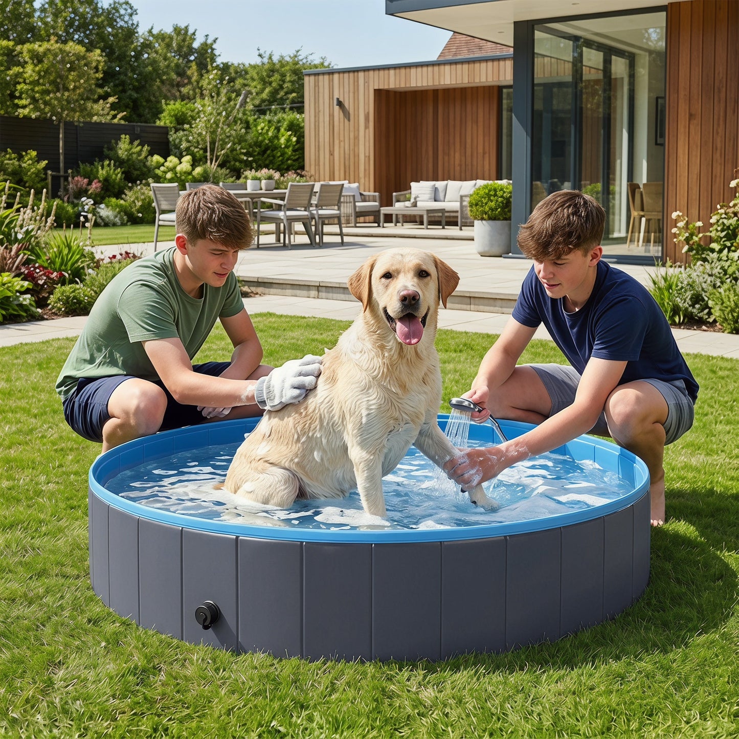 Foldable Dog Pool for Puppies and Ducks, Thickened PVC Dog Paddling Pool Bath Tub Hard Board, Anti-Slip Bottom and Hose Adapter for Easy Drainage, 160 x 30cm, Blue and Dark Grey