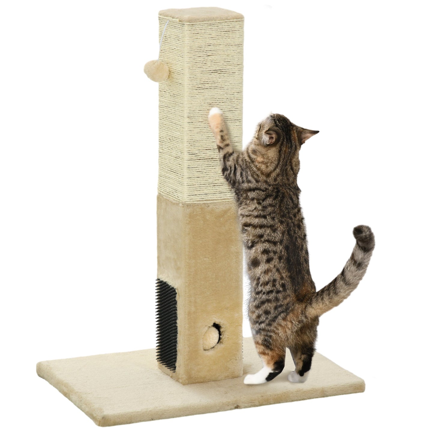 Cat Tree Scratching Post for Indoor Cats 79cm Jute Scratcher Climber w/ Carpet Base Dangling Toy Self Grooming Brush – Beige