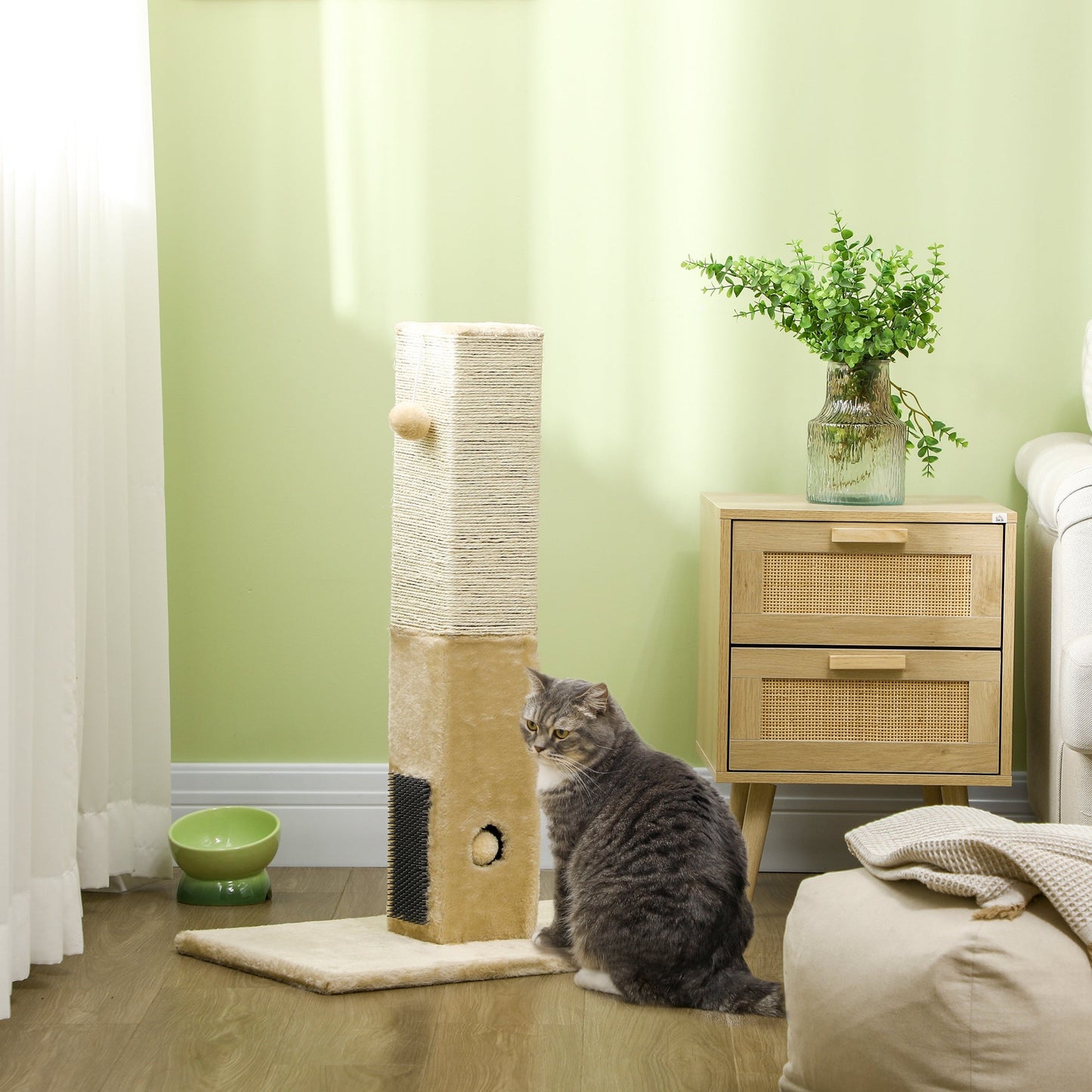 Cat Tree Scratching Post for Indoor Cats 79cm Jute Scratcher Climber w/ Carpet Base Dangling Toy Self Grooming Brush – Beige