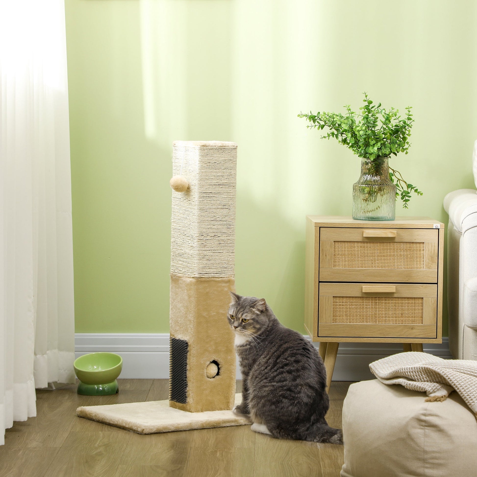 Cat Tree Scratching Post for Indoor Cats 79cm Jute Scratcher Climber w/ Carpet Base Dangling Toy Self Grooming Brush – Beige
