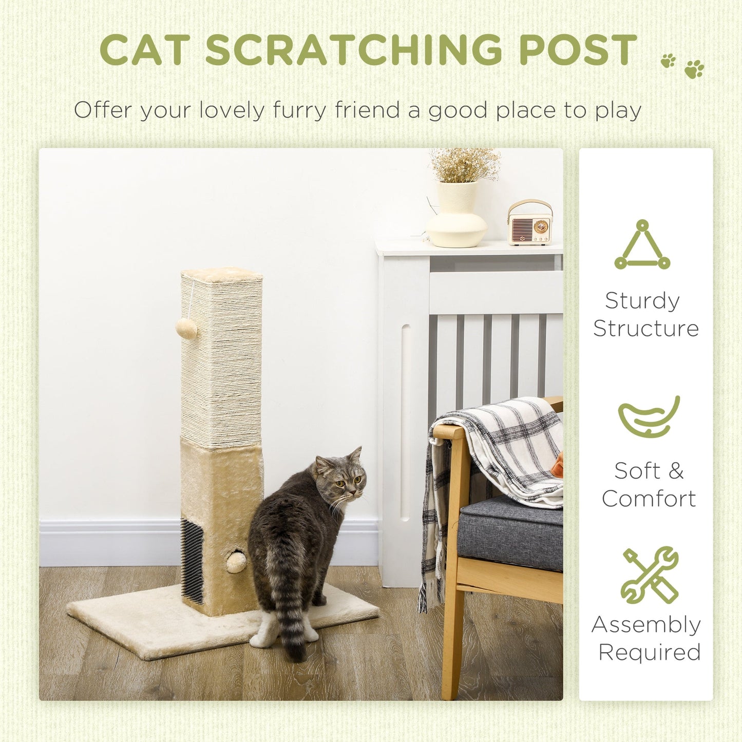 Cat Tree Scratching Post for Indoor Cats 79cm Jute Scratcher Climber w/ Carpet Base Dangling Toy Self Grooming Brush – Beige