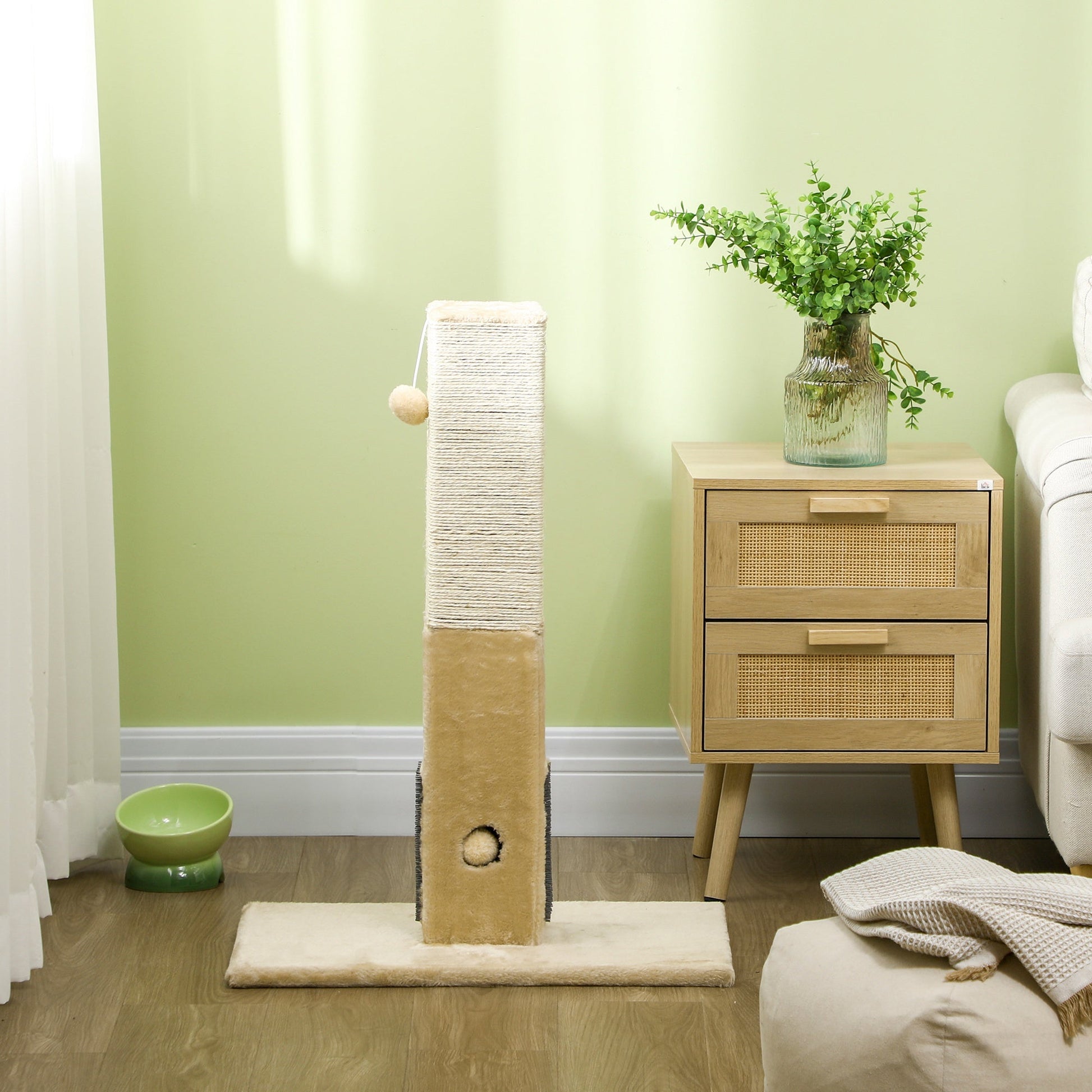 Cat Tree Scratching Post for Indoor Cats 79cm Jute Scratcher Climber w/ Carpet Base Dangling Toy Self Grooming Brush – Beige