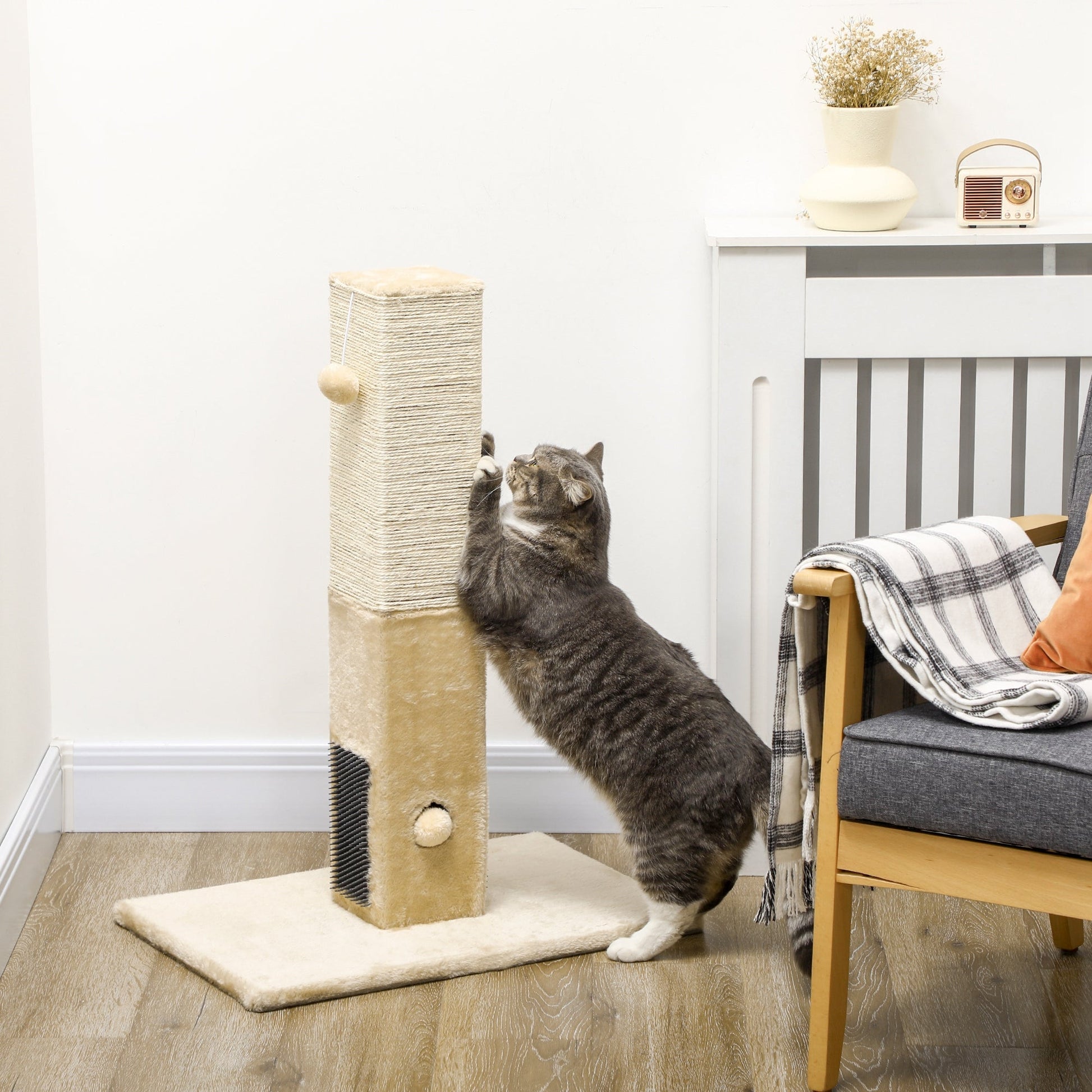 Cat Tree Scratching Post for Indoor Cats 79cm Jute Scratcher Climber w/ Carpet Base Dangling Toy Self Grooming Brush – Beige