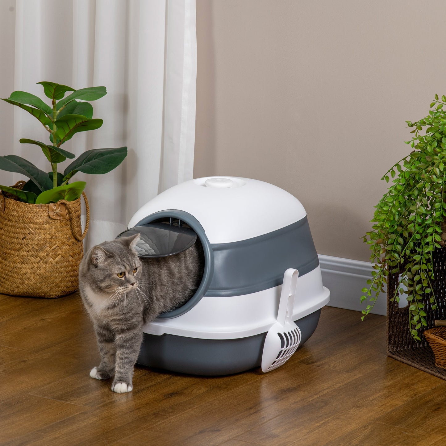 Foldable Cat Litter Box with Lid, Hooded Cat Litter Tray with High Sides, Air Freshener, Large Two-Way Entrance, Scoop, White