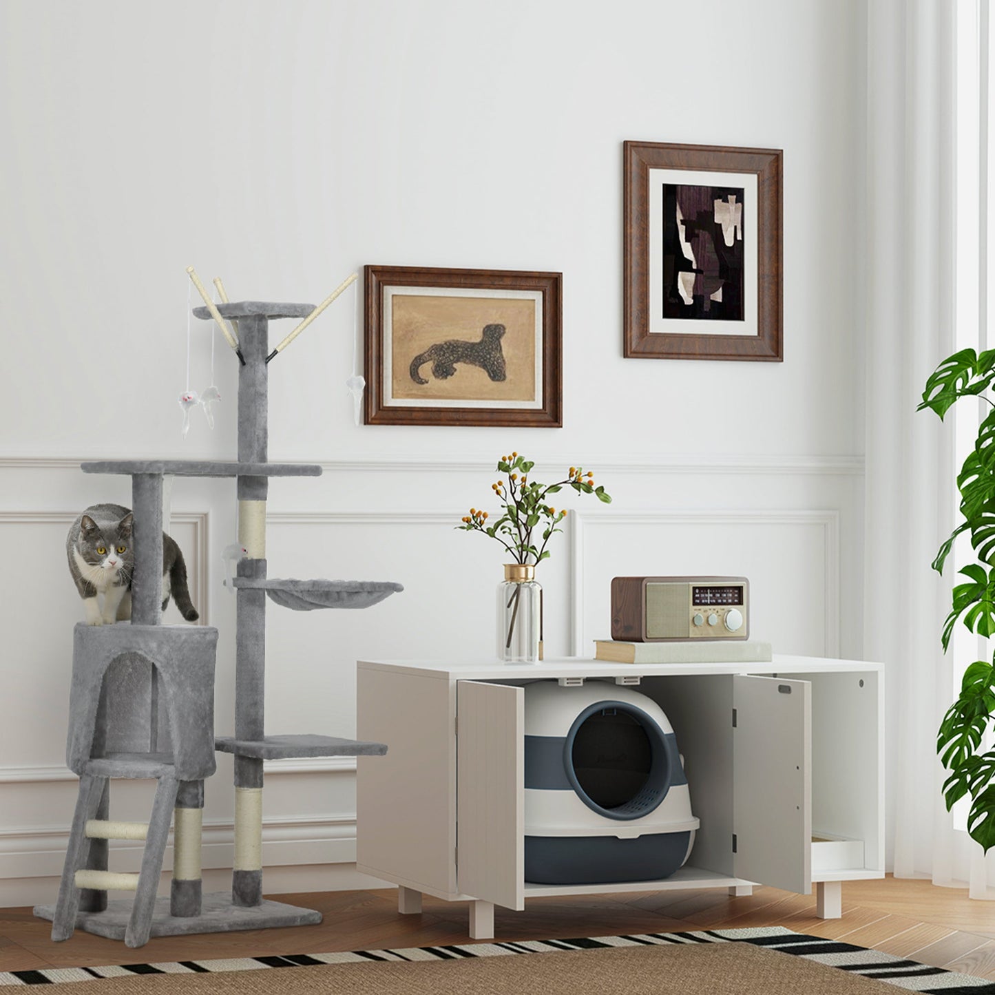 Foldable Cat Litter Box with Lid, Hooded Cat Litter Tray with High Sides, Air Freshener, Large Two-Way Entrance, Scoop, White