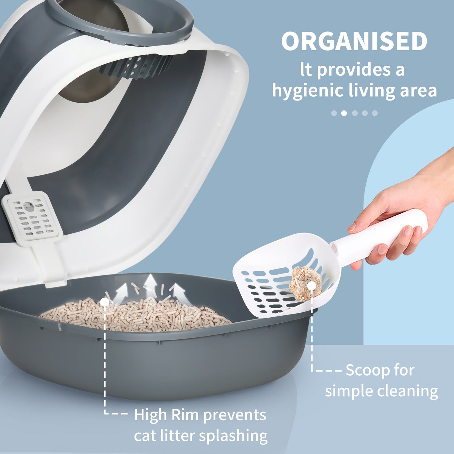 Foldable Cat Litter Box with Lid, Hooded Cat Litter Tray with High Sides, Air Freshener, Large Two-Way Entrance, Scoop, White