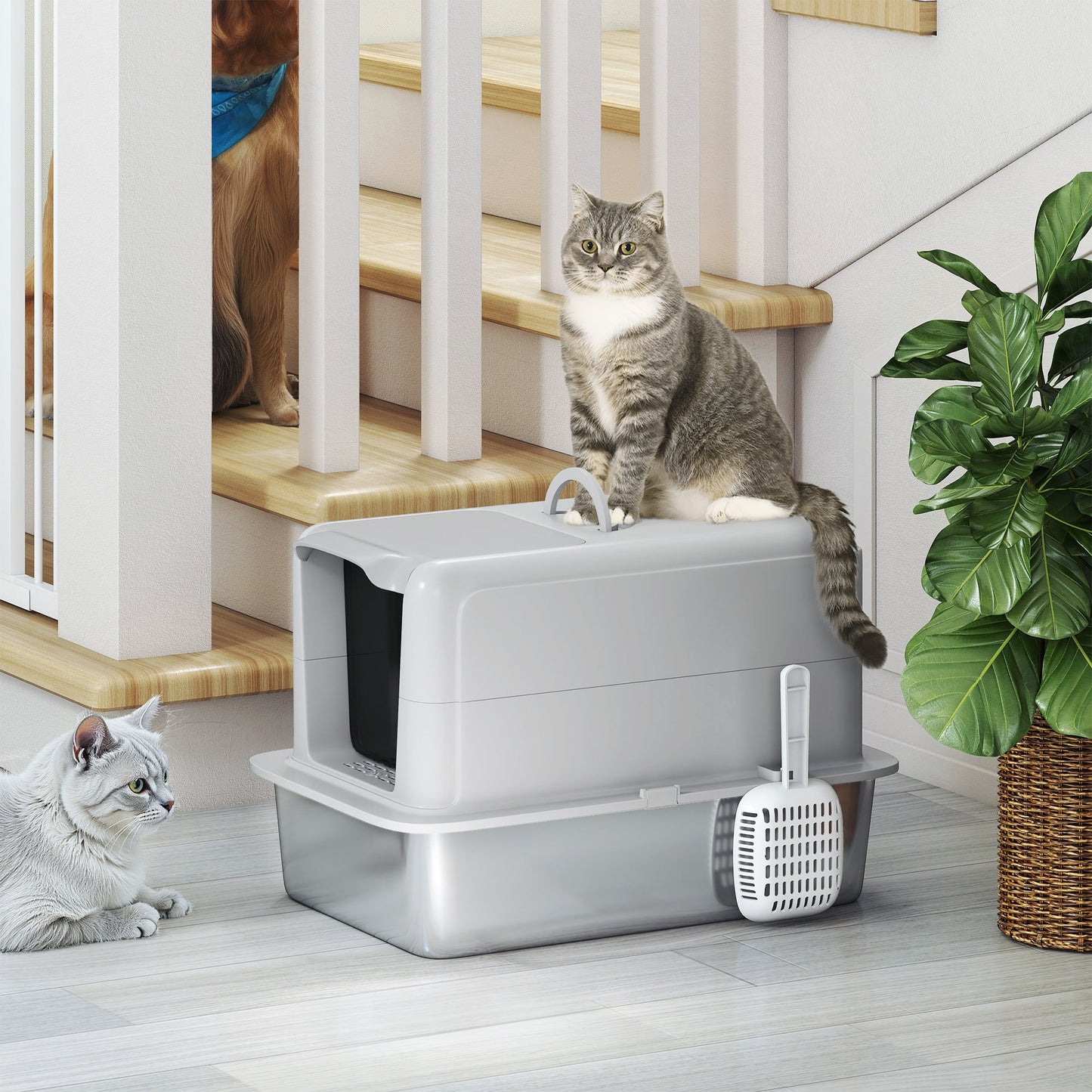 Stainless Steel Cat Litter Box, Extra Large Metal Cat Litter Tray with Lid, Scoop, Filter Bags, Grey