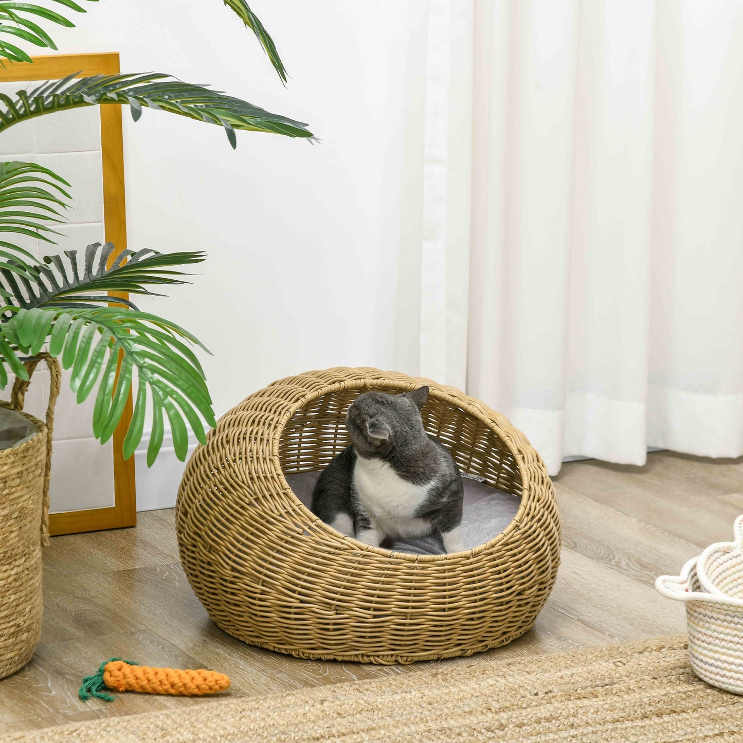 Wicker Cat House, Rattan Cat Bed Kitten Basket with Washable Cushion for Indoor Cats and Puppies, Light Brown