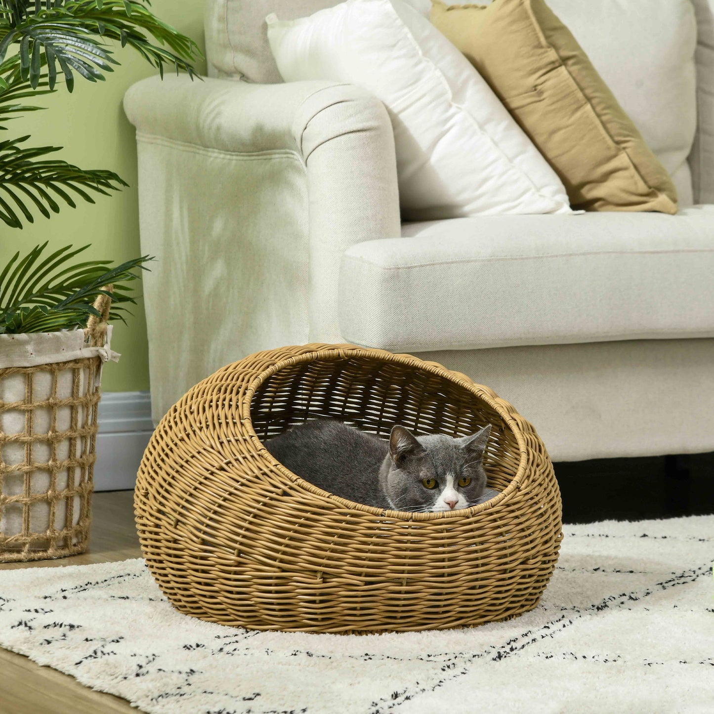 Wicker Cat House, Rattan Cat Bed Kitten Basket with Washable Cushion for Indoor Cats and Puppies, Light Brown