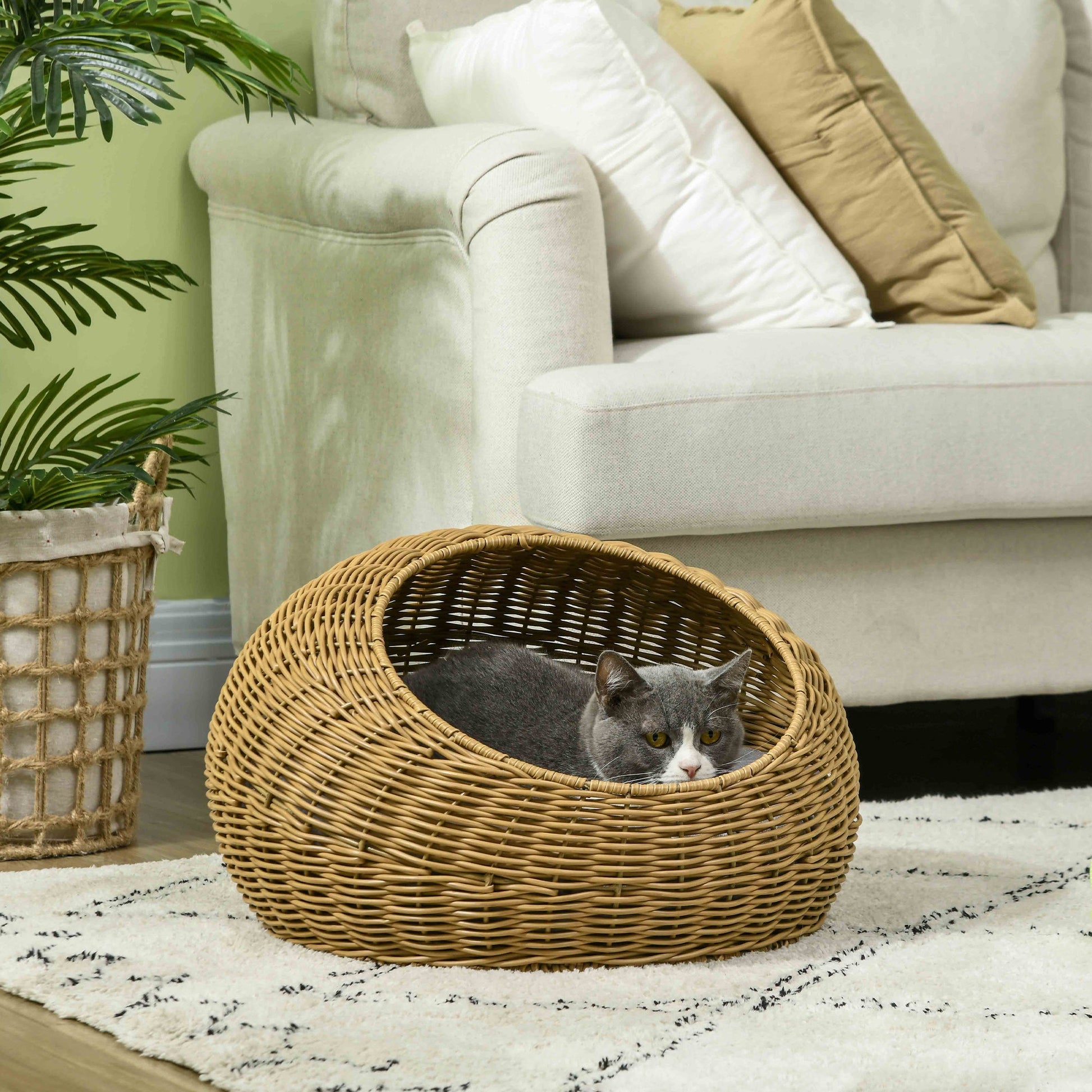 Wicker Cat House, Rattan Cat Bed Kitten Basket with Washable Cushion for Indoor Cats and Puppies, Light Brown