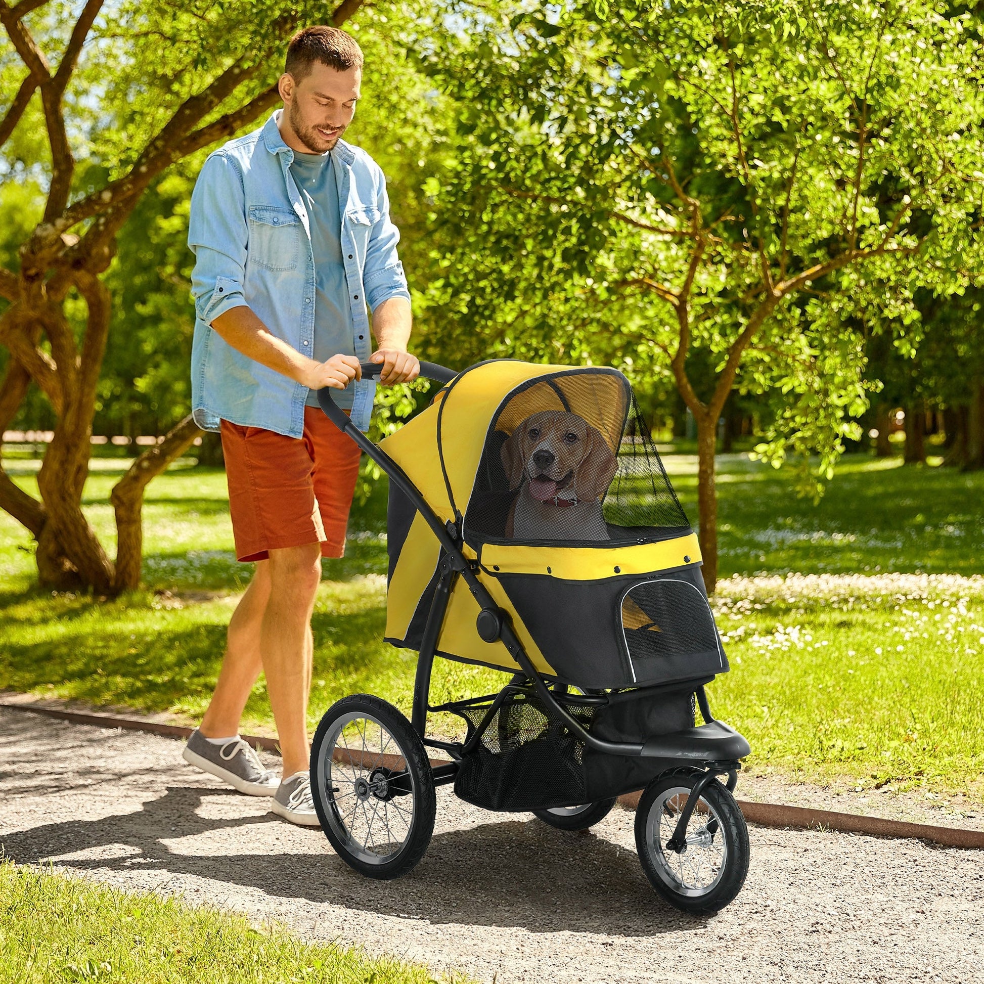 Dog Pram Dog Stroller Jogger Foldable Pet Pushchair for Medium, Small Dogs, w/ Rubber Wheels, Washable Cushion - Yellow