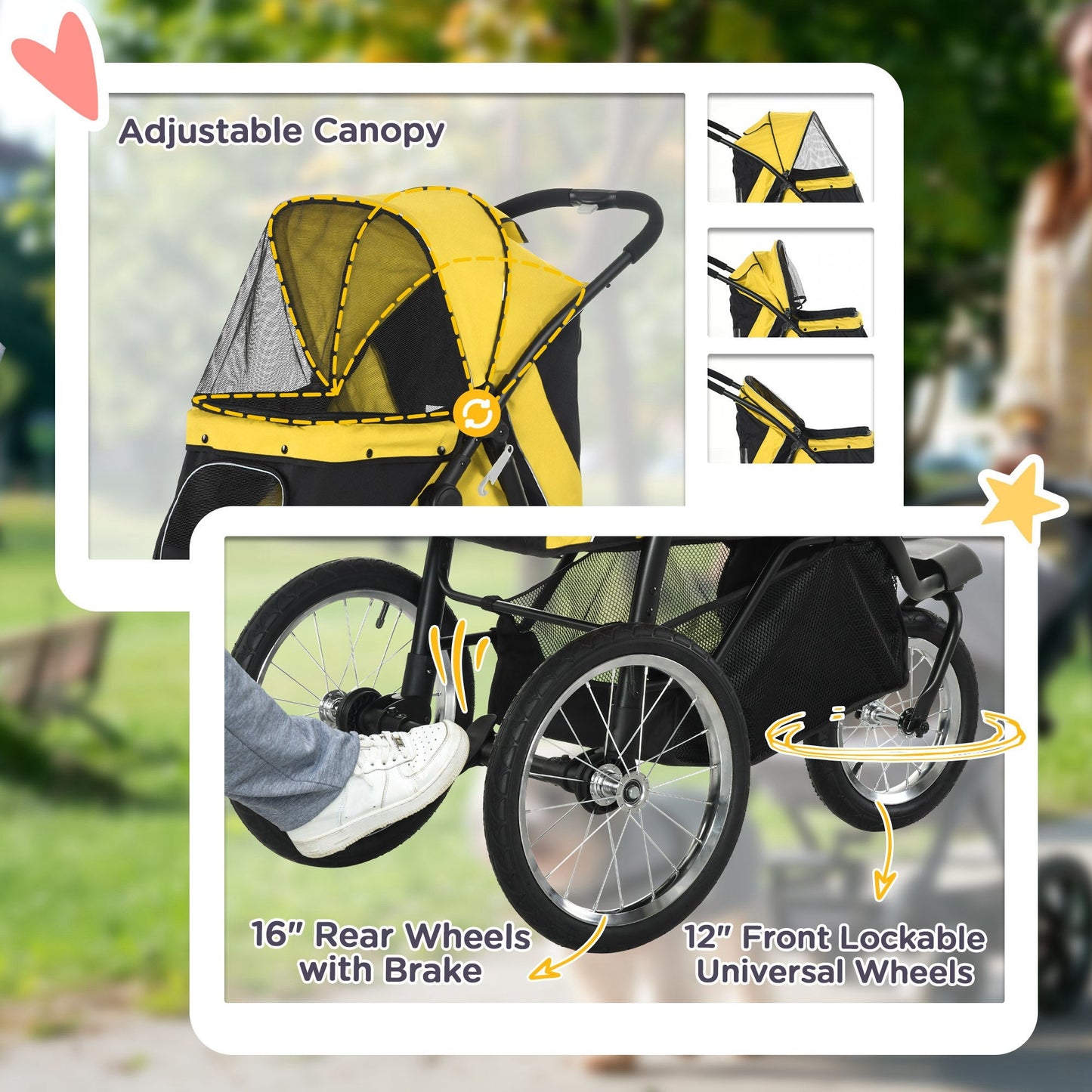 Dog Pram Dog Stroller Jogger Foldable Pet Pushchair for Medium, Small Dogs, w/ Rubber Wheels, Washable Cushion - Yellow