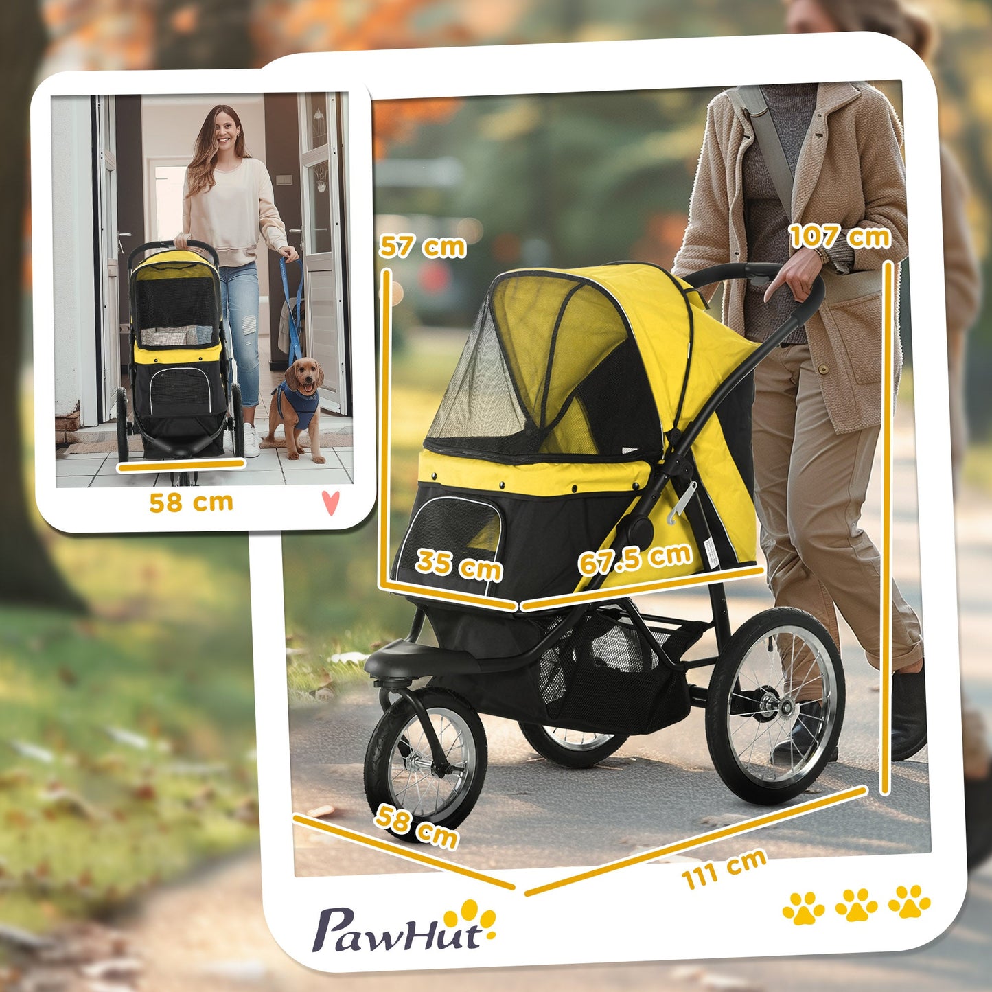 Dog Pram Dog Stroller Jogger Foldable Pet Pushchair for Medium, Small Dogs, w/ Rubber Wheels, Washable Cushion - Yellow