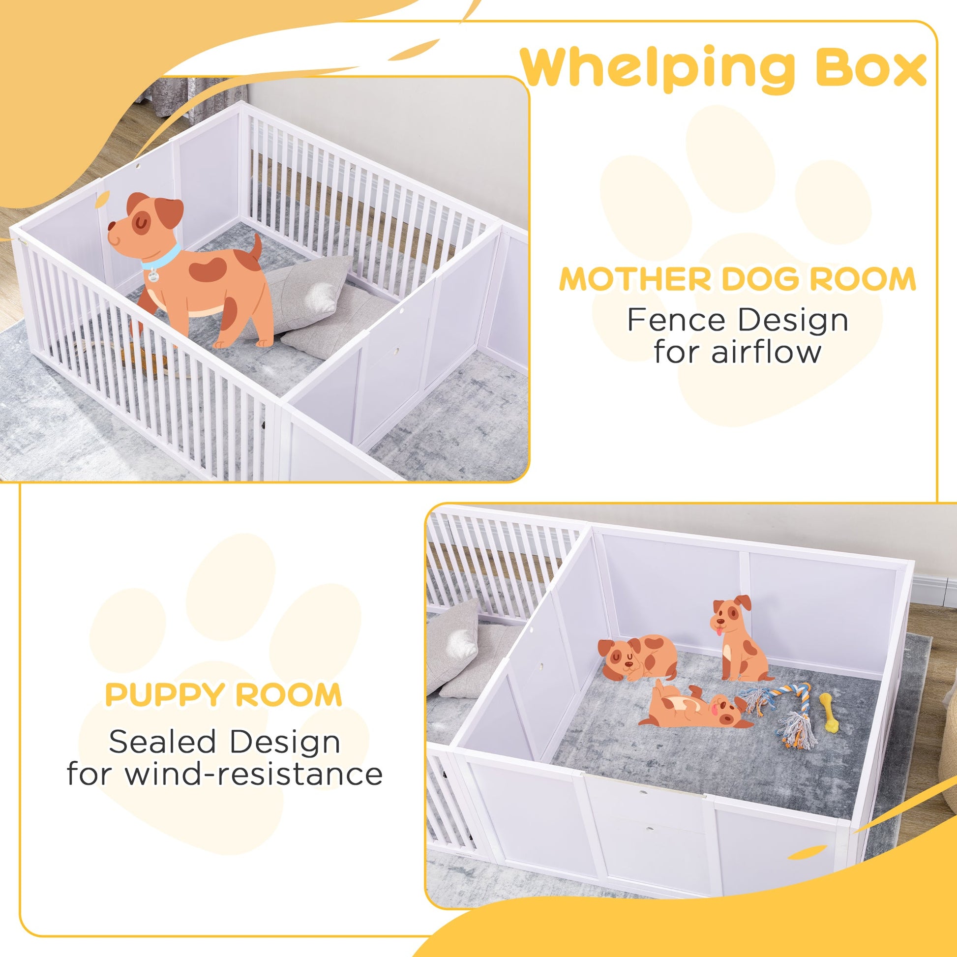 Whelping Box for Dogs, 2m x 1m Whelping Pen for Indoors, Pet Playpen with Three Doors, Two-Room Design