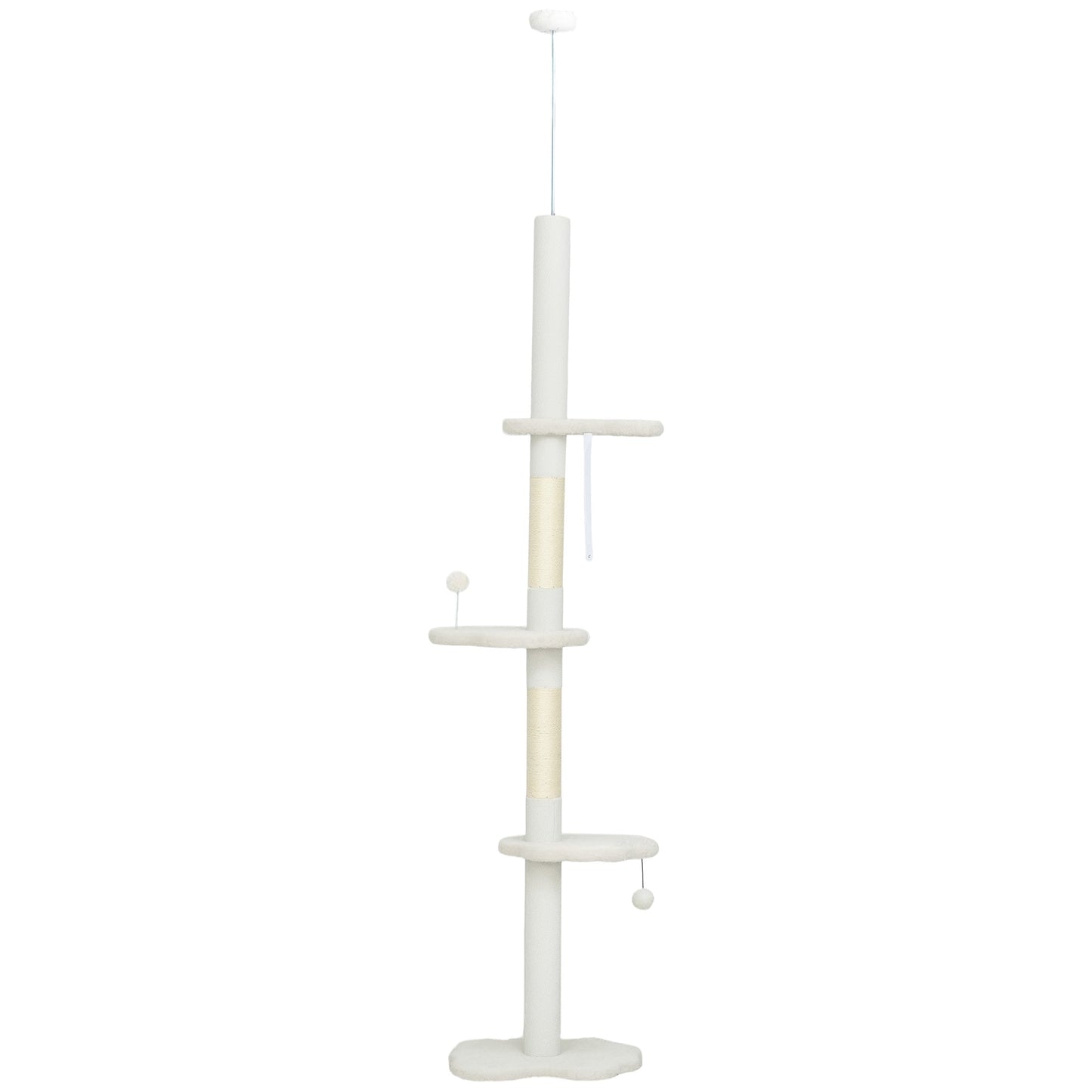 Floor to Ceiling Cat Tree, 225-255 cm Adjustable Cat Climbing Tower with 3 Cloud Perches, Sisal Scratching Posts, 2 Hanging Play Balls and Anti-Tip Strap, Beige