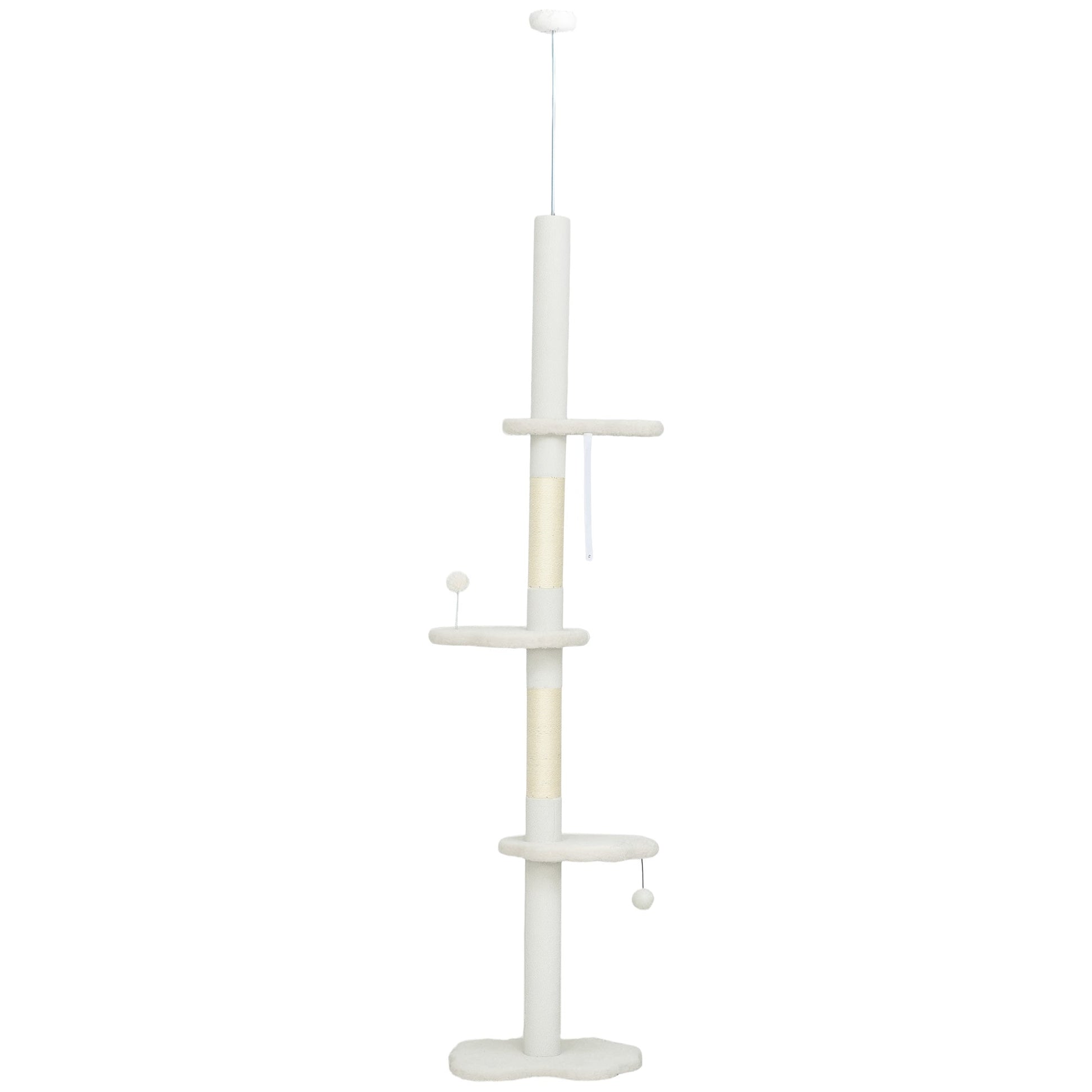Floor to Ceiling Cat Tree, 225-255 cm Adjustable Cat Climbing Tower with 3 Cloud Perches, Sisal Scratching Posts, 2 Hanging Play Balls and Anti-Tip Strap, Beige