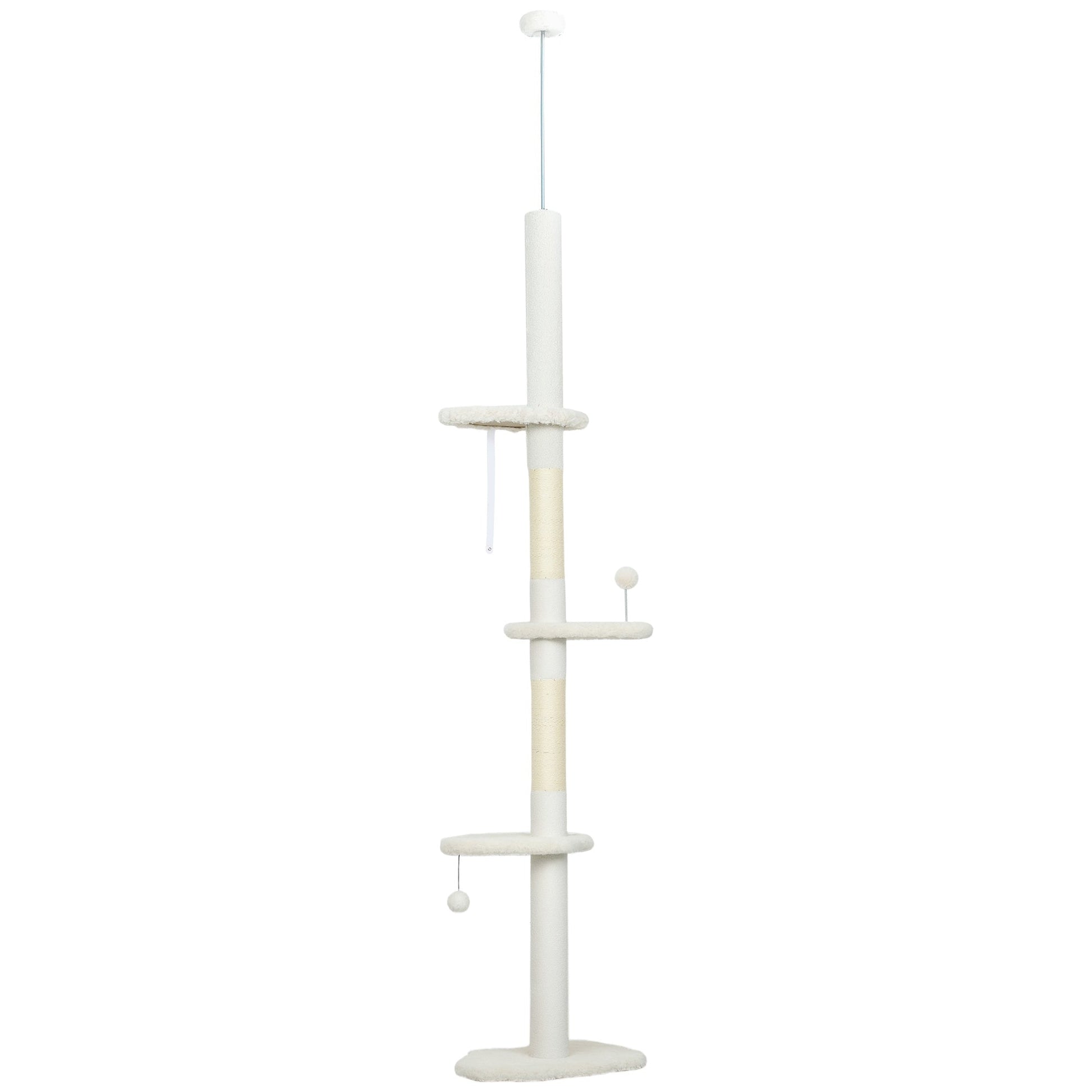 Floor to Ceiling Cat Tree, 225-255 cm Adjustable Cat Climbing Tower with 3 Cloud Perches, Sisal Scratching Posts, 2 Hanging Play Balls and Anti-Tip Strap, Beige