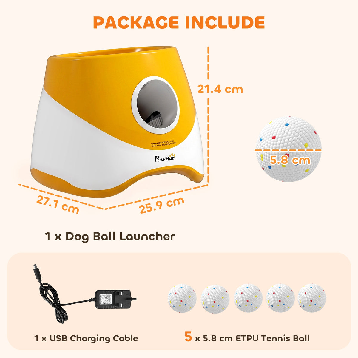 Automatic Dog Ball Launcher with 5 ETPU Balls, Dog Ball Thrower with 3 Distance Settings (6/10/14 m), Indoor Outdoor Interactive Toy for Small Medium Dogs, Orange