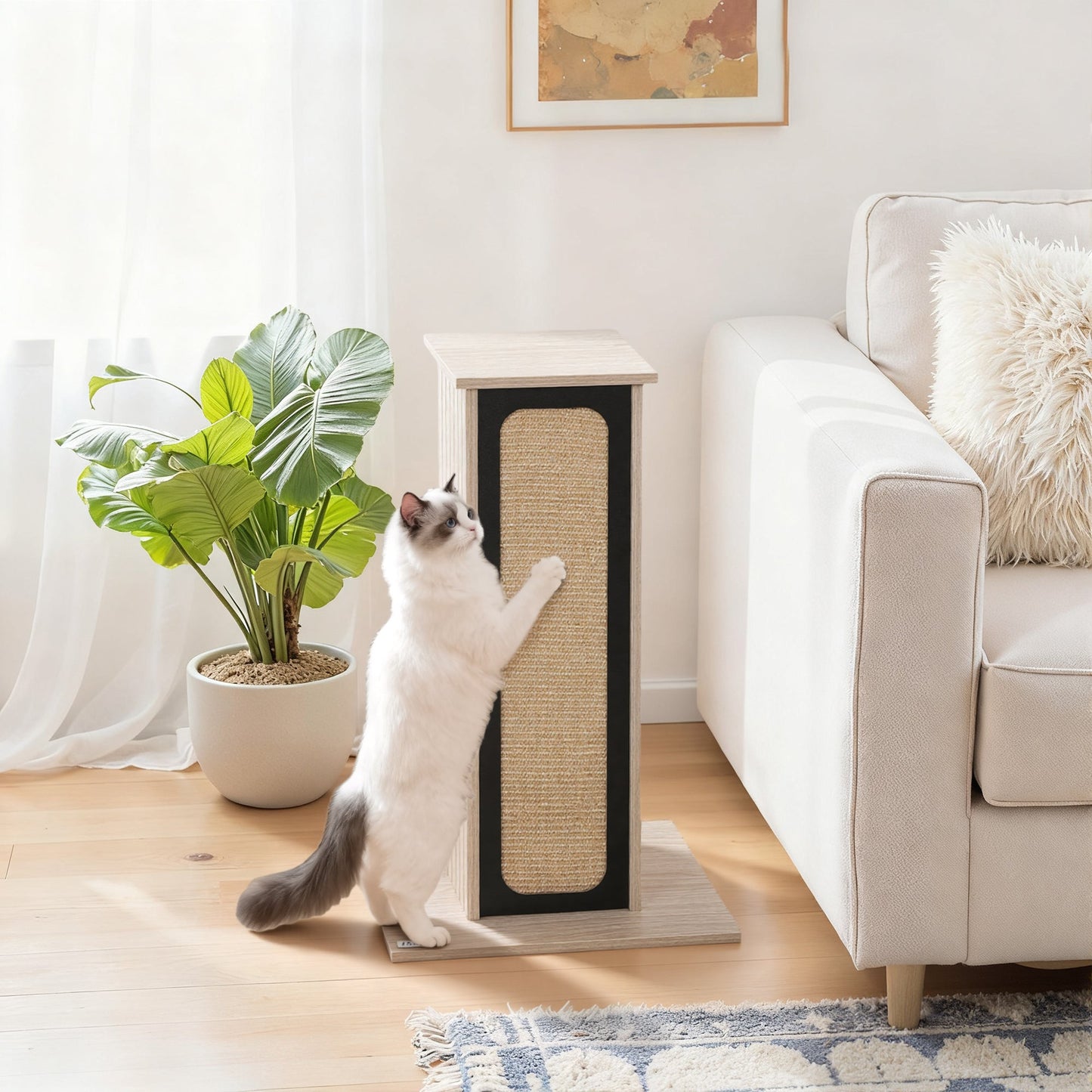 Cat Scratching Post, 63 cm Tall Scratcher with Replaceable Scratching Board, Top Perch, Natural Sisal Scratch Mat, for Large Cats and Kittens, Oak