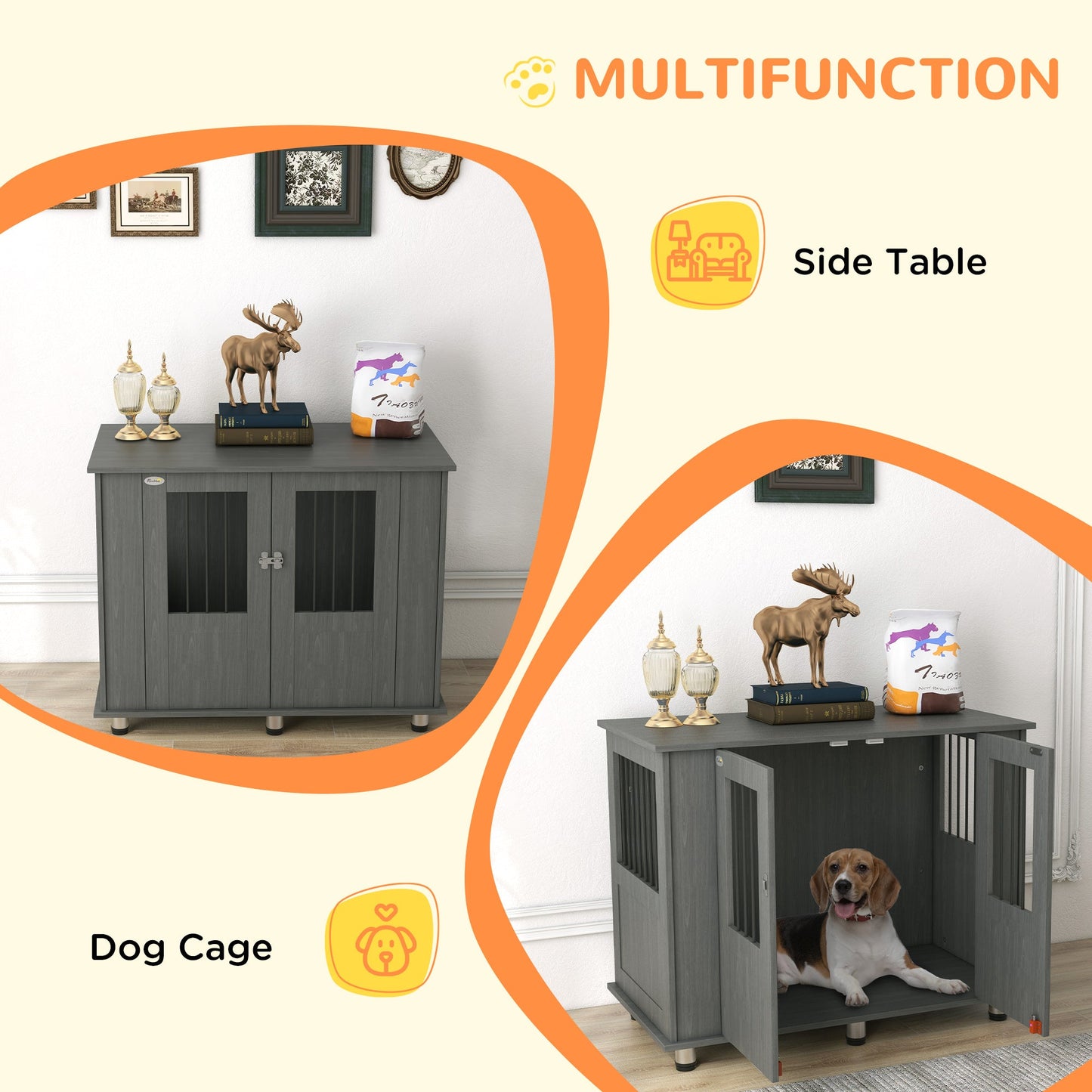 Dog Crate Furniture End Table, Pet Kennel for Medium Large Dogs with Magnetic Door Indoor Animal Cage, Grey, 95 x 55 x 75 cm
