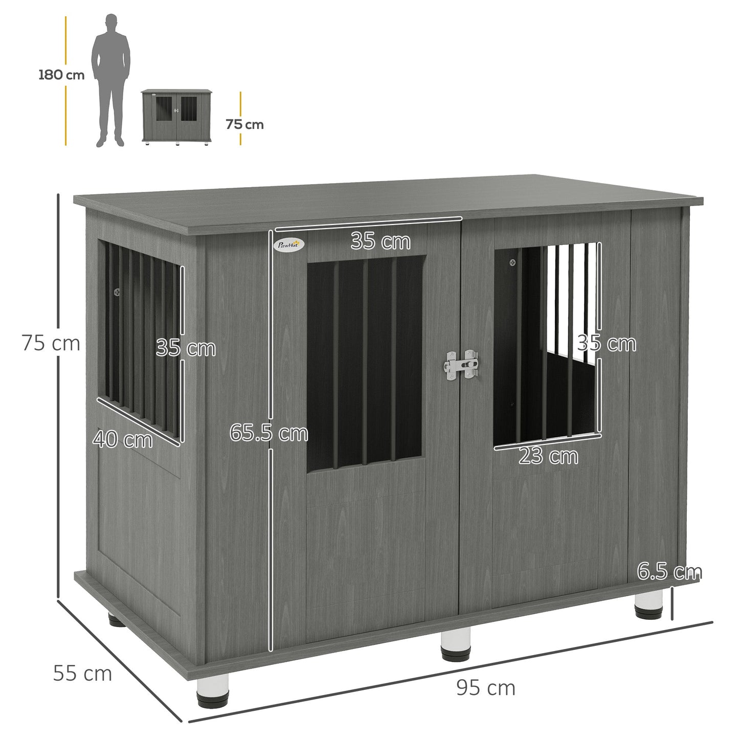 Dog Crate Furniture End Table, Pet Kennel for Medium Large Dogs with Magnetic Door Indoor Animal Cage, Grey, 95 x 55 x 75 cm