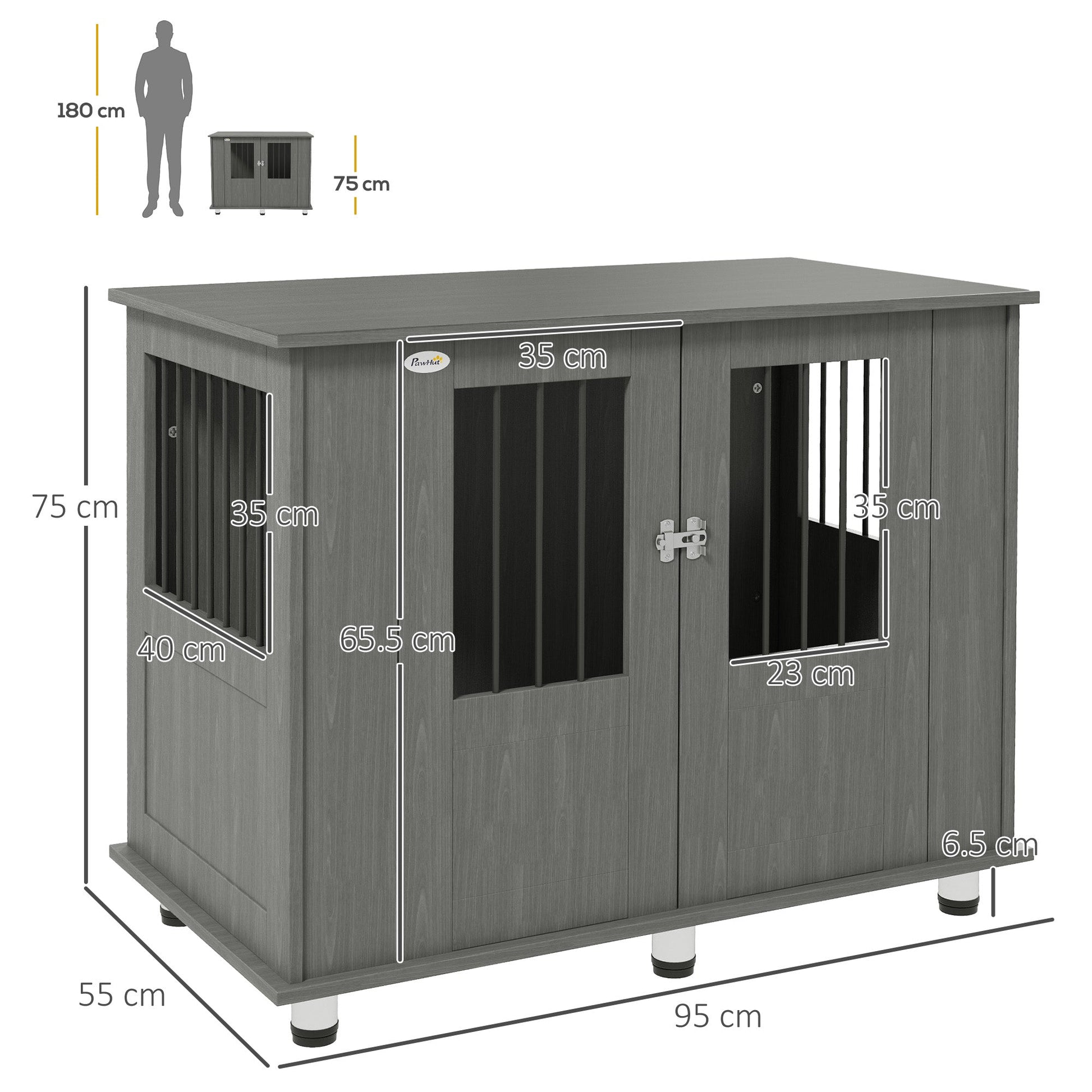Dog Crate Furniture End Table, Pet Kennel for Medium Large Dogs with Magnetic Door Indoor Animal Cage, Grey, 95 x 55 x 75 cm
