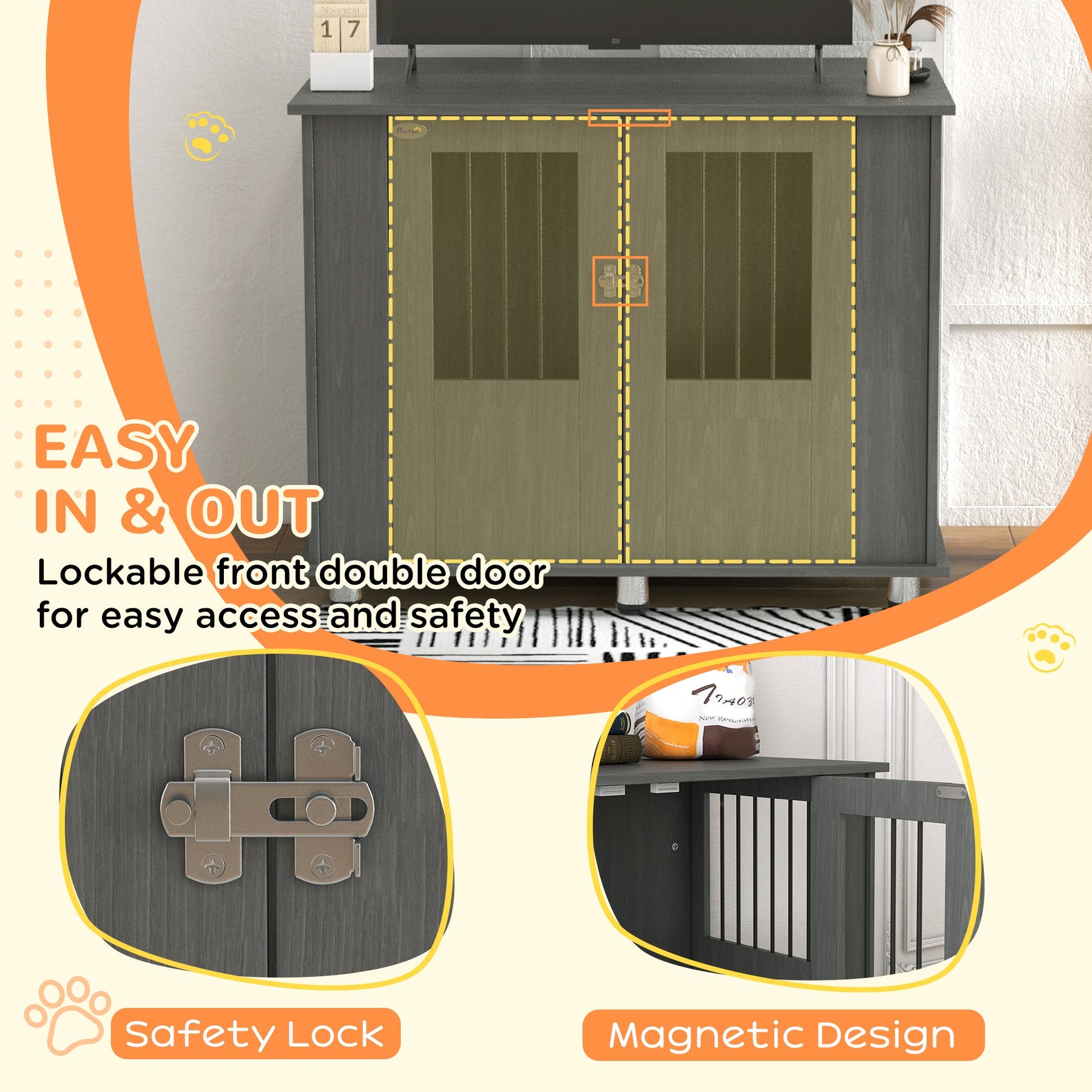 Dog Crate Furniture End Table, Pet Kennel for Medium Large Dogs with Magnetic Door Indoor Animal Cage, Grey, 95 x 55 x 75 cm