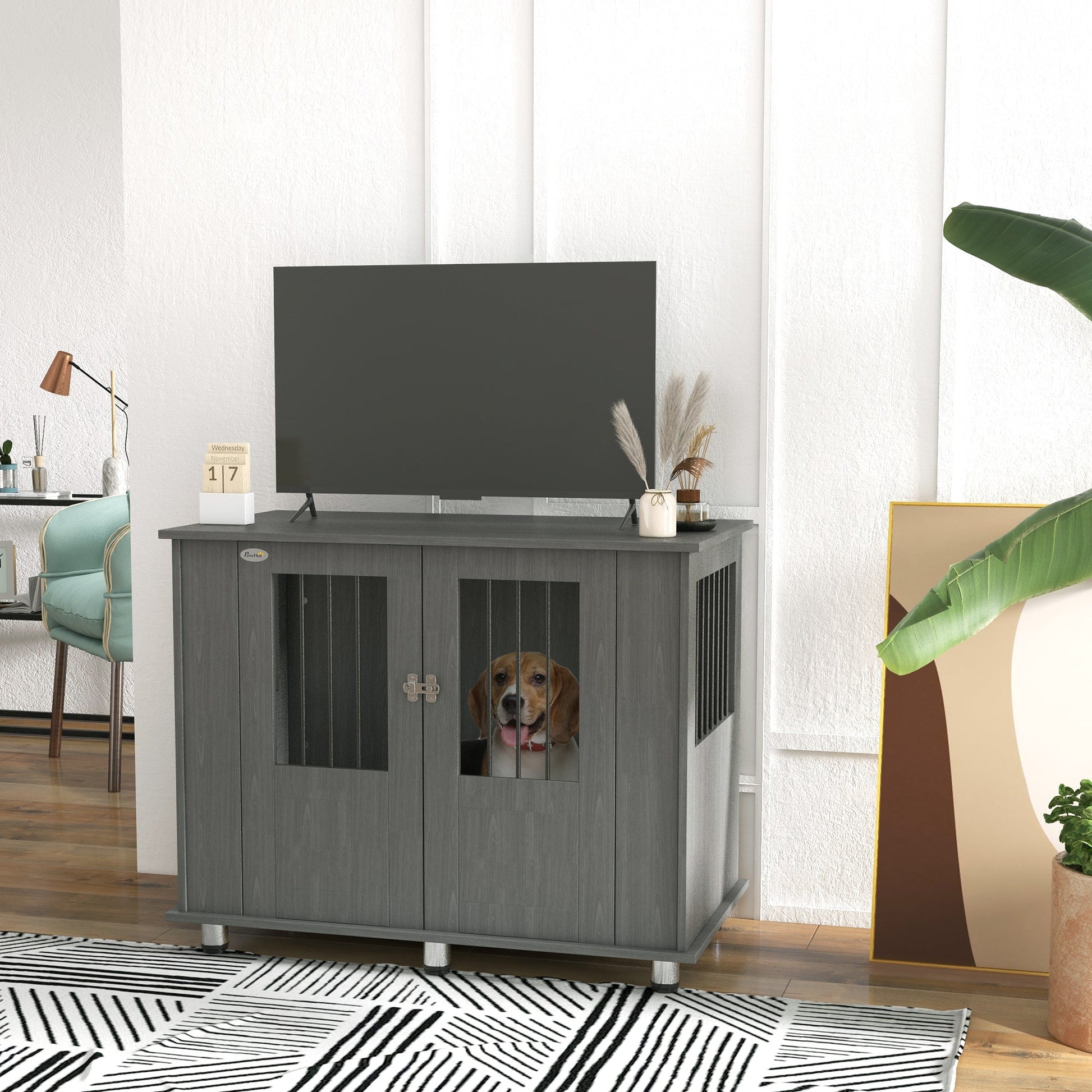 Dog Crate Furniture End Table, Pet Kennel for Medium Large Dogs with Magnetic Door Indoor Animal Cage, Grey, 95 x 55 x 75 cm