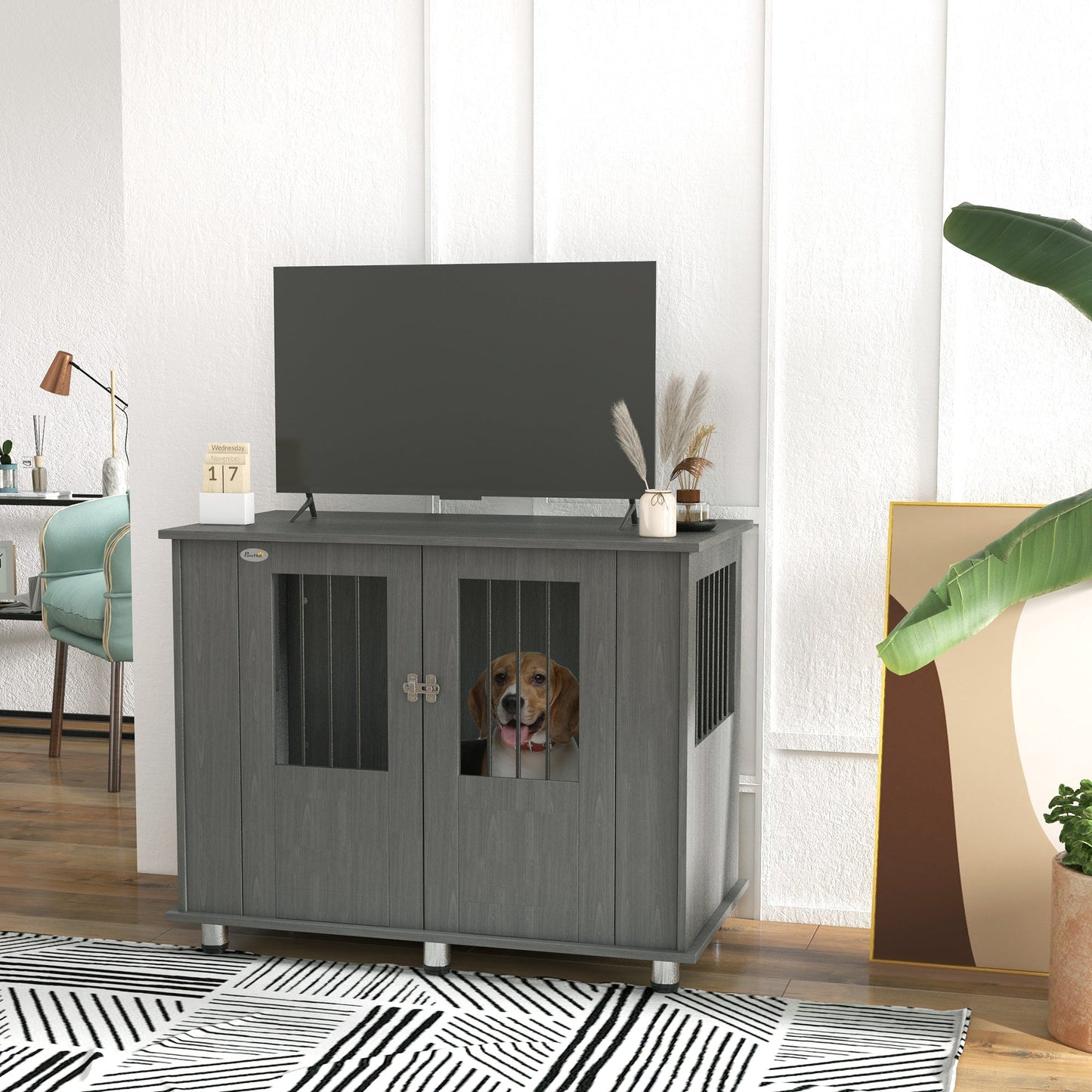 Dog Crate Furniture End Table, Pet Kennel for Medium Large Dogs with Magnetic Door Indoor Animal Cage, Grey, 95 x 55 x 75 cm