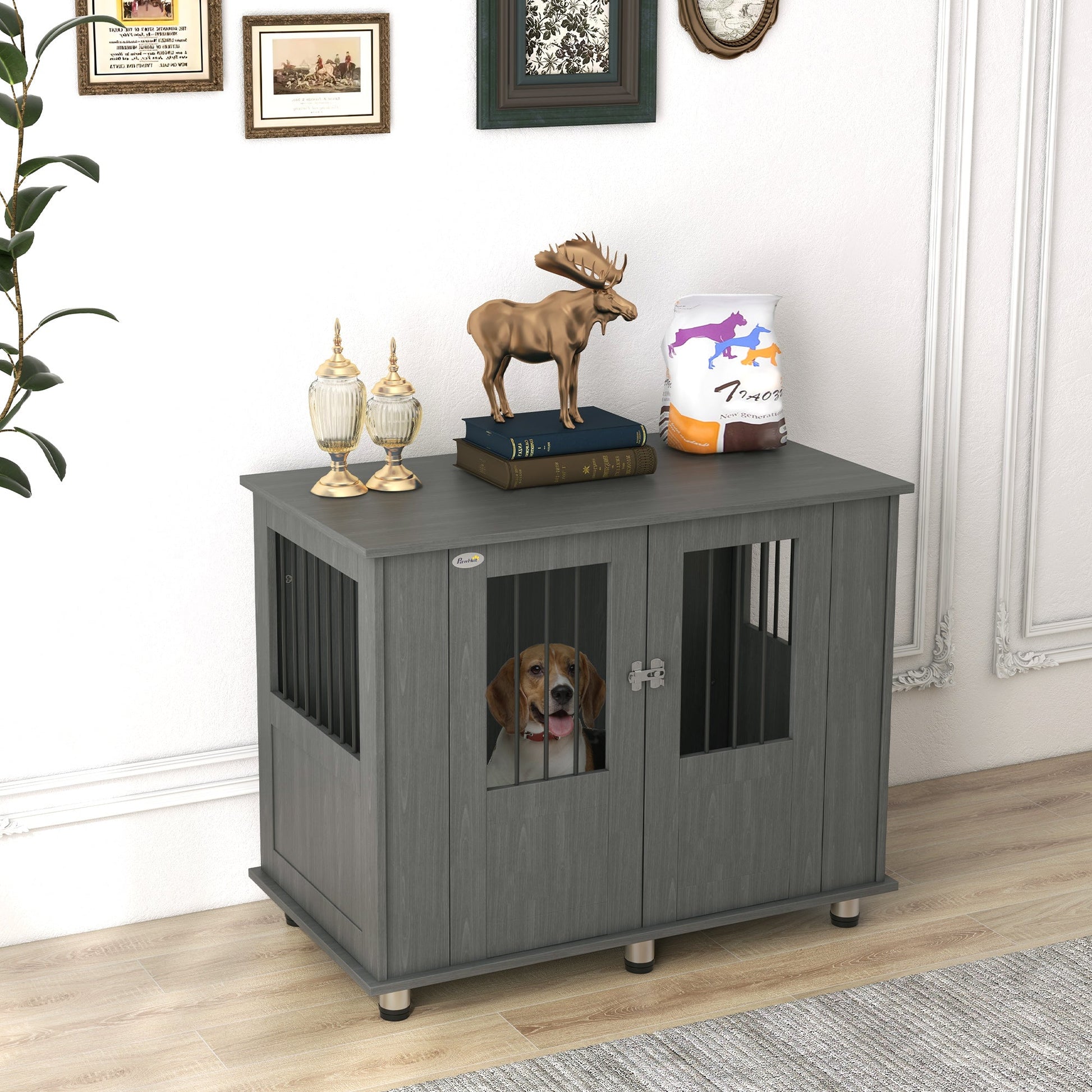 Dog Crate Furniture End Table, Pet Kennel for Medium Large Dogs with Magnetic Door Indoor Animal Cage, Grey, 95 x 55 x 75 cm