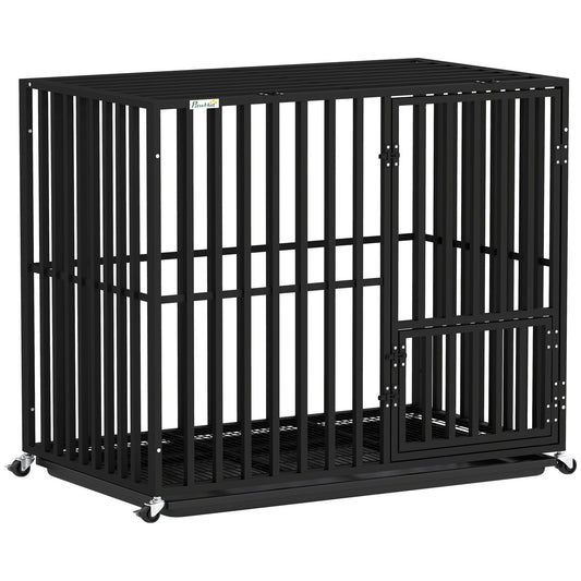 Heavy Duty Dog Crate, Dog Cage with Wheels for Medium Large Breeds, Metal Pet Crate with Removable Tray and 3 Doors for Indoor & Outdoor, 95 x 57 x 81 cm, Black
