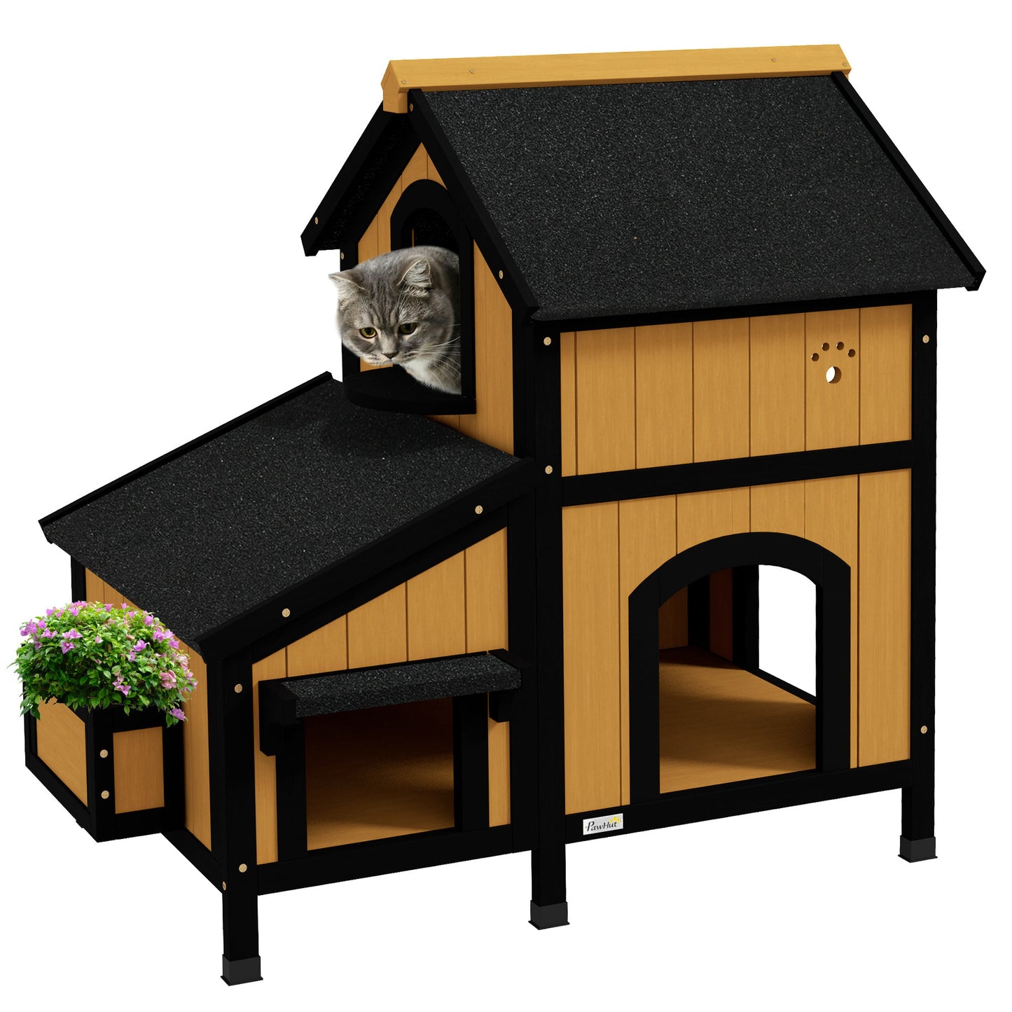 Wooden Outdoor Cat House with Flower Pot, Windows, Multiple Entrances, Water-Resistant Roof - Yellow