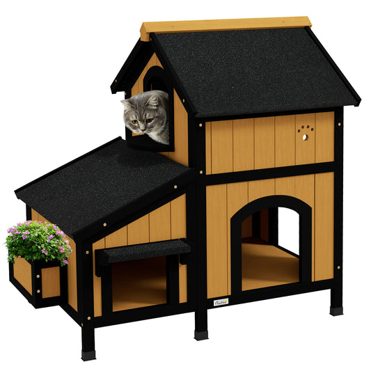 Wooden Outdoor Cat House with Flower Pot, Windows, Multiple Entrances, Water-Resistant Roof - Yellow