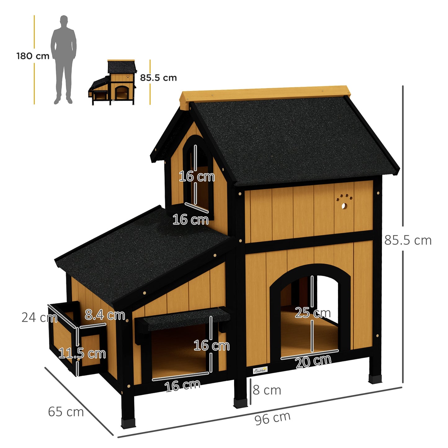 Wooden Outdoor Cat House with Flower Pot, Windows, Multiple Entrances, Water-Resistant Roof - Yellow
