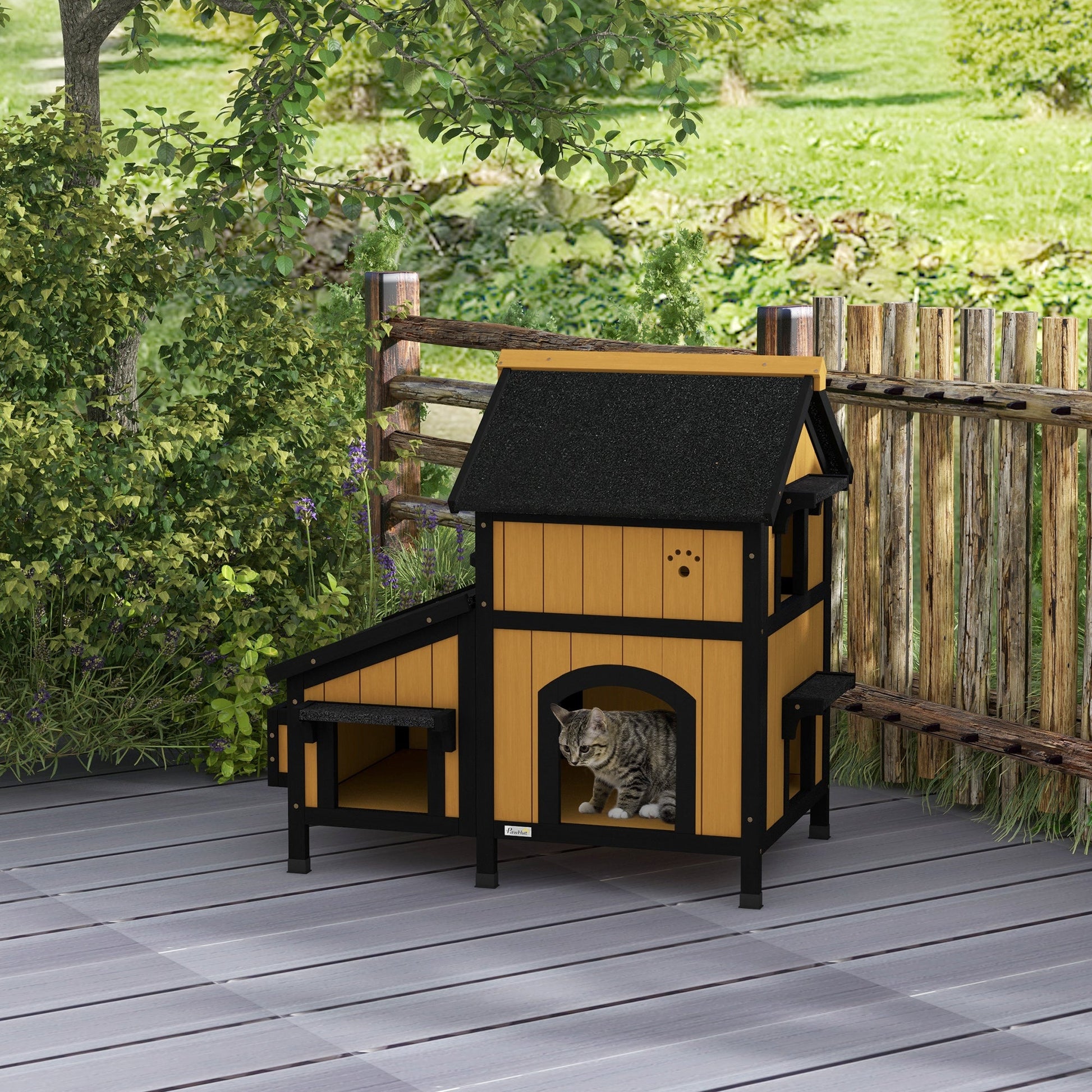 Wooden Outdoor Cat House with Flower Pot, Windows, Multiple Entrances, Water-Resistant Roof - Yellow