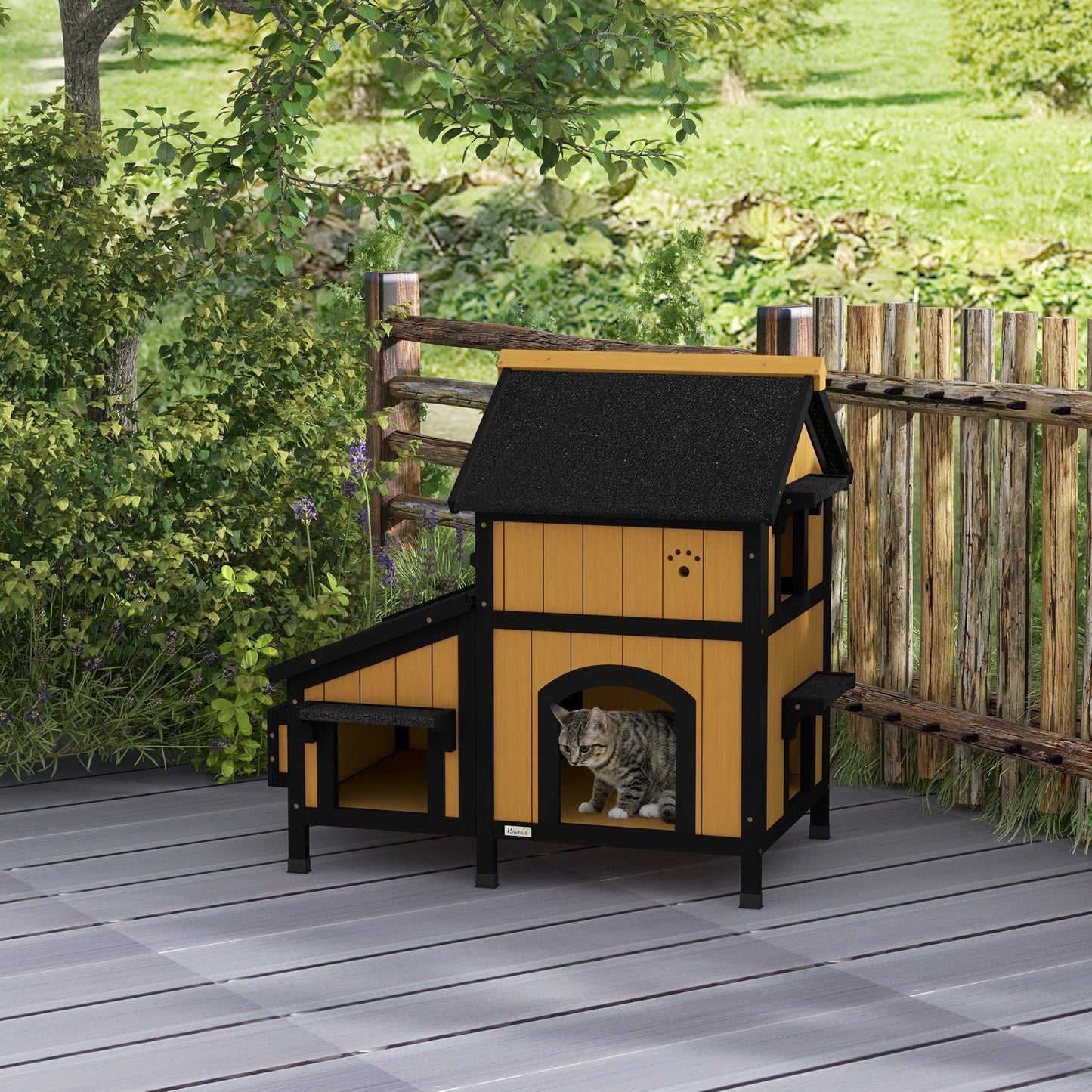 Wooden Outdoor Cat House with Flower Pot, Windows, Multiple Entrances, Water-Resistant Roof - Yellow