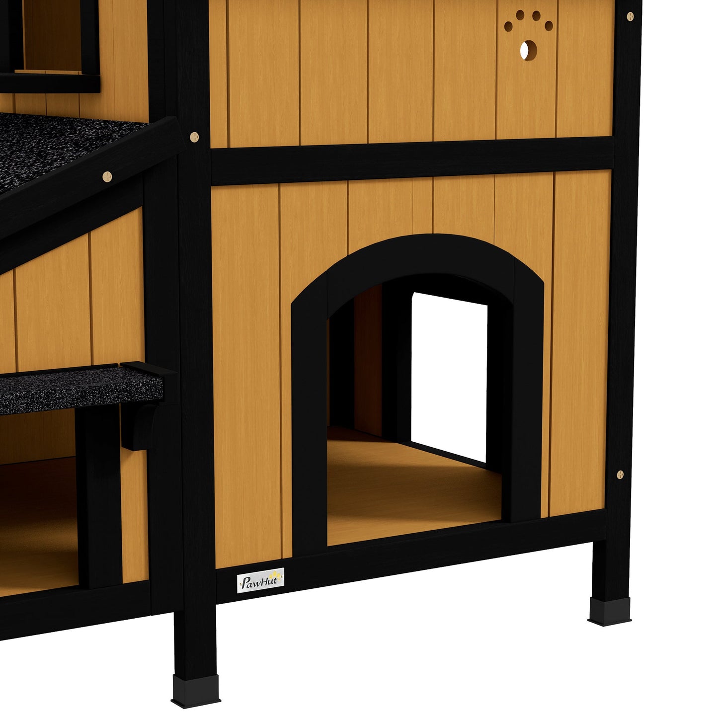 Wooden Outdoor Cat House with Flower Pot, Windows, Multiple Entrances, Water-Resistant Roof - Yellow