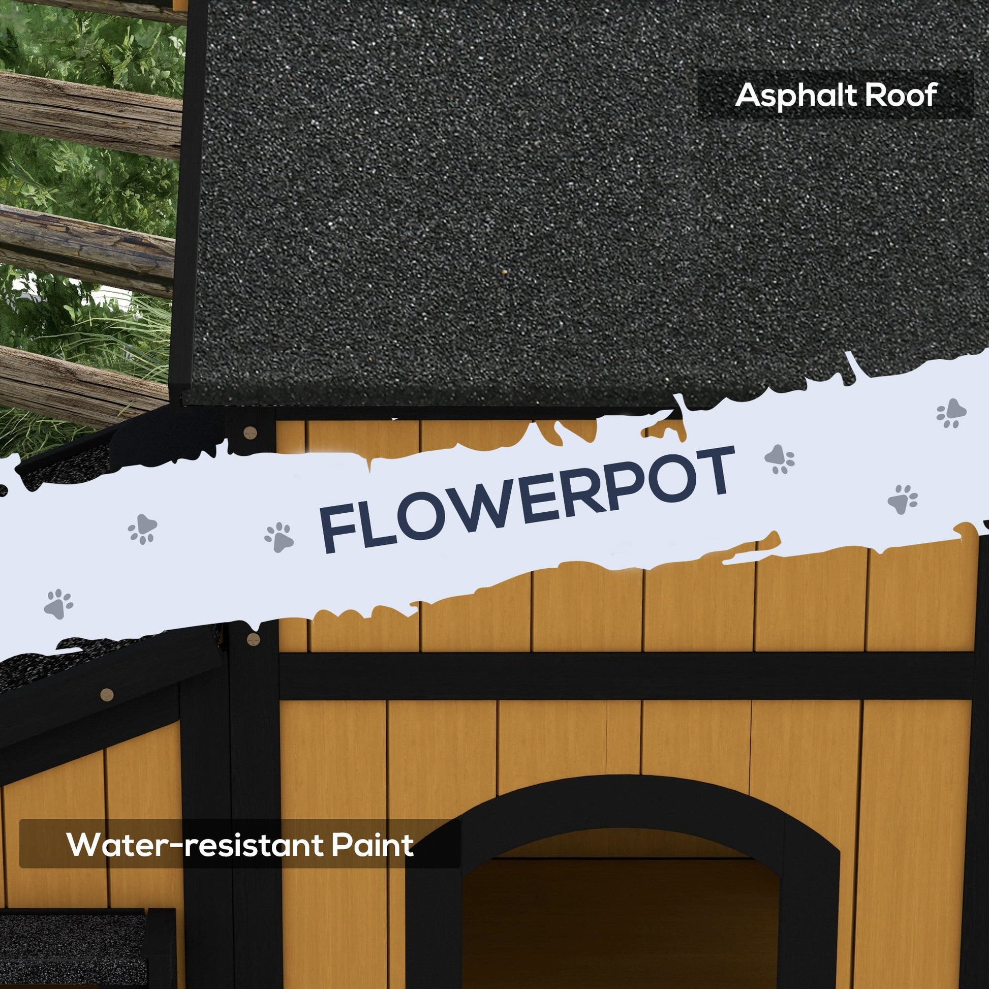 Wooden Outdoor Cat House with Flower Pot, Windows, Multiple Entrances, Water-Resistant Roof - Yellow