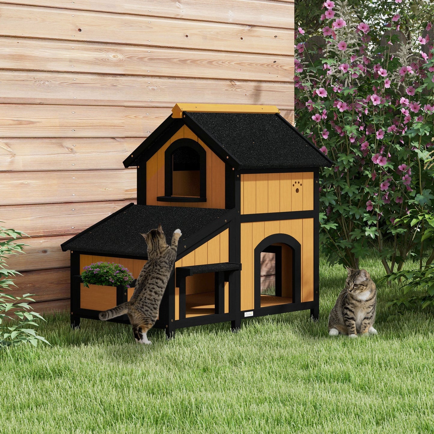 Wooden Outdoor Cat House with Flower Pot, Windows, Multiple Entrances, Water-Resistant Roof - Yellow